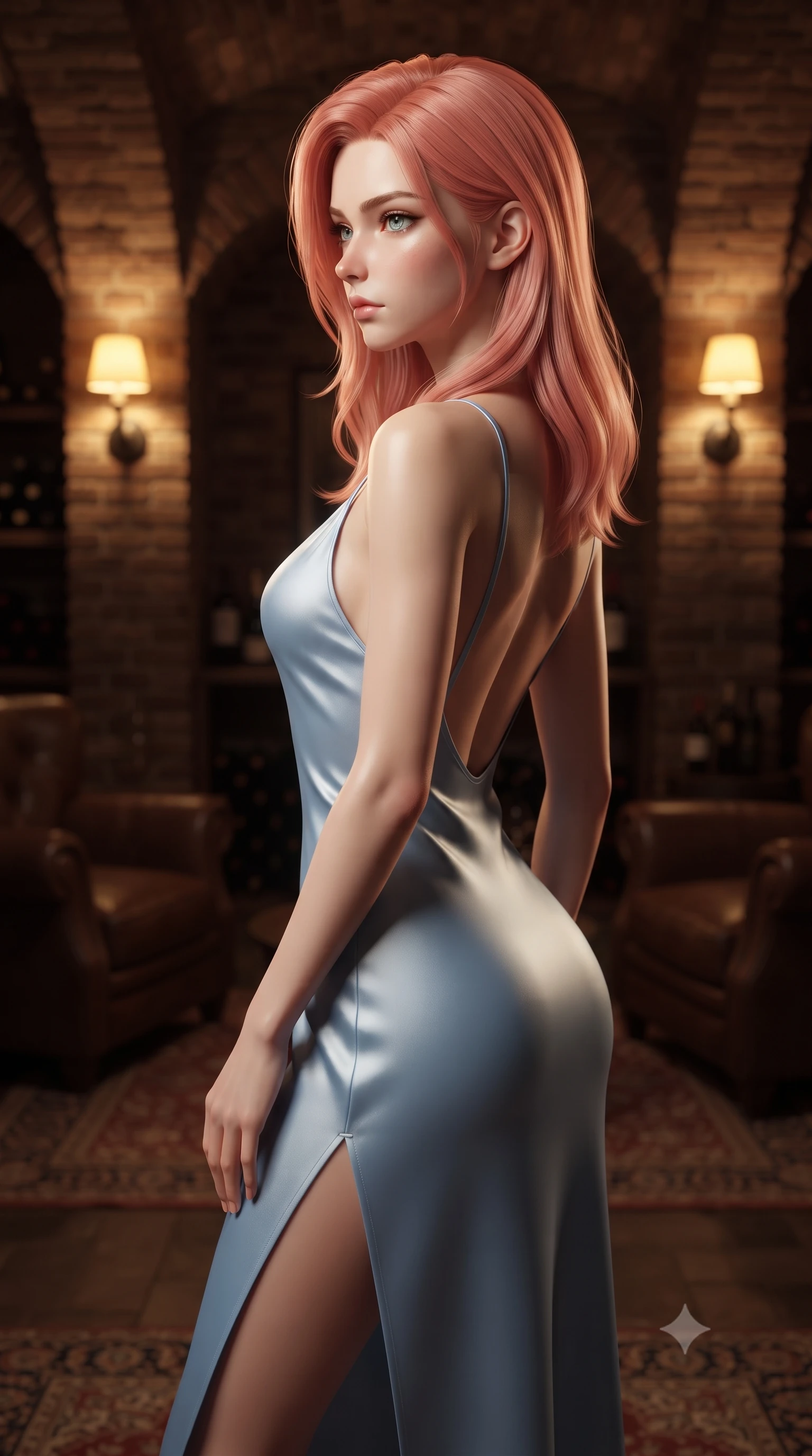 score_9, masterpiece, best quality, ultra-detailed, high-budget anime keyframe, editorial fashion photography, tasteful artistic composition, Japanese woman woman. close-up cowboy shot from the waist and thighs up, the character dominates the composition, filling the frame with her large presence, background elements kept in soft focus. turning her face in sharp profile, casting a cold, mysterious, yet intensely alluring side gaze, the background shows a soft-focus a dimly lit brick-walled wine cellar with leather armchairs and soft rugs. She has an exceptionally elegant, slender, and willowy female figure with an ultra-slim waist, a gracefully sculpted slender torso, and a refined silhouette. sharp v-shaped jawline, high-bridge nose, intricate jewel-like eyes with depth, thick eyelashes, glossy lips with a natural sheen. wearing a form-contouring lightweight silk slip dress in baby blue with a high side slit and a low-cut back. warm yellow lamplight casting cozy, soft shadows on the brick arches. ultra-reflective glossy finish, specular highlights, metallic sheen, high-contrast stereoscopic depth, volumetric dynamic lighting, 2k, ultra detail, master piece, 9:16 ratio