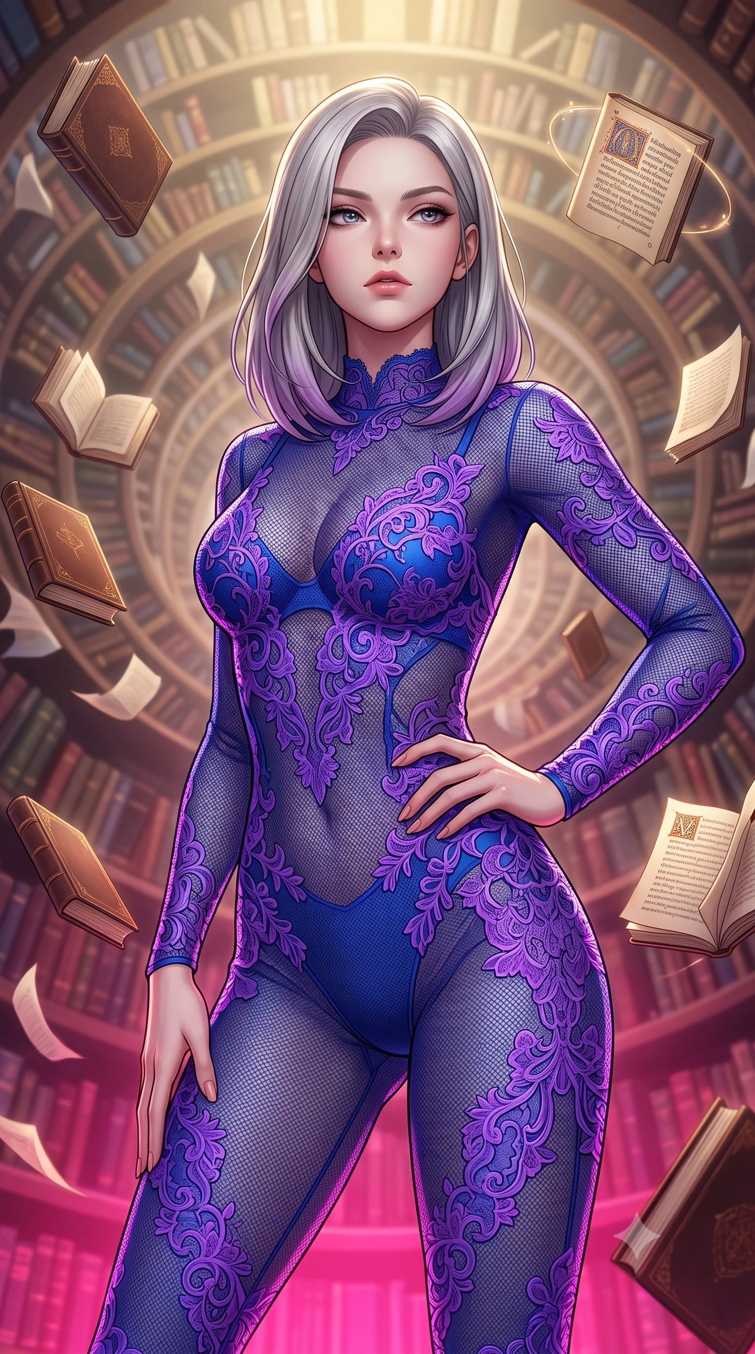 score_9, masterpiece, best quality, ultra-detailed, high-budget anime keyframe, editorial fashion photography, tasteful artistic composition, Caucasian woman, strictly human ears. close-up cowboy shot from the waist and thighs up, the character dominates the composition, filling the frame with her large presence, background elements kept in soft focus. Gazing past the camera with an air of effortless superiority. set against a soft-focus background of an impossible spiral library extending infinitely in all directions with leather-bound books floating off shelves in zero gravity pages turning themselves and illuminated manuscripts orbiting like literary satellites. She has an exceptionally elegant and slender, willowy female figure with an ultra-slim waist, a gracefully sculpted slender torso, and a refined slim physique. sharp v-shaped jawline, high-bridge nose, intricate jewel-like eyes with depth, thick eyelashes, glossy lips with a natural sheen. wearing a see-through mesh catsuit in royal blue, detailed with vibrant violet lace applique over a matching blue underlayer. dramatic contrast of hot pink furnace glow from below and cool golden light from above. 2k, ultra detail, master piece, 9:16 ratio