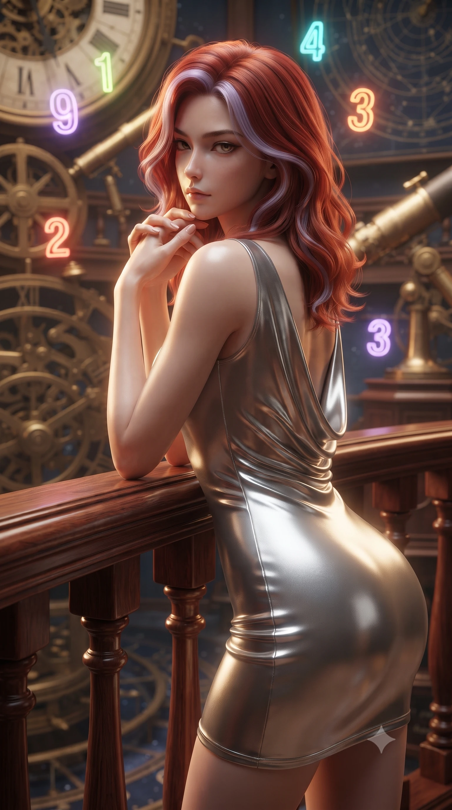 score_9, masterpiece, best quality, ultra-detailed, high-budget anime keyframe, editorial fashion photography, tasteful artistic composition, Caucasian woman. close-up cowboy shot from the waist and thighs up, the character dominates the composition, filling the frame with her large presence, background elements kept in soft focus. Resting her chin on the backs of her fingers, casting a sharp, mysterious gaze leaning against a vintage mahogany balustrade inside a mechanical observatory, glowing neon clock numbers floating in the air with vintage elegancy. She has an exceptionally elegant, slender, and willowy female figure with an ultra-slim waist, a gracefully sculpted slender torso, and a refined silhouette. sharp v-shaped jawline, high-bridge nose, intricate jewel-like eyes with depth, thick eyelashes, glossy lips with a natural sheen. wearing a precision-fitted liquid silver jersey bodycon dress with a graceful draped back, the form-contouring material highlighting her ultra-slim waist and long lines. surrounded by warm hearth light and dramatic bronze rim highlights. ultra-reflective glossy finish, specular highlights, metallic sheen, high-contrast stereoscopic depth, volumetric dynamic lighting, 2k, ultra detail, master piece, 9:16 ratio