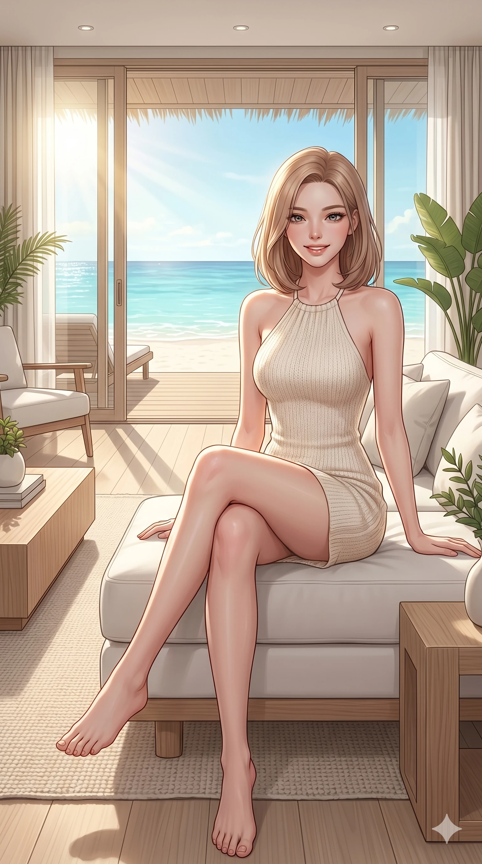 score_9, masterpiece, best quality, ultra-detailed, high-budget anime keyframe, editorial fashion photography, tasteful artistic composition, Korean woman. cowboy shot from the thighs up, character and outfit filling the frame for maximum editorial presence. resting on a modern white sofa, looking towards the lens with a warm, relaxed smile inside a beachfront villa living room with wide sliding glass doors. She has an absolutely perfect 8-heads proportion, an exceptionally tall and slender female figure with impossibly long slender legs and an ultra-slim waist. V-shaped jawline, high-bridge nose, intricate jewel-like eyes with depth, thick eyelashes, glossy lips with a natural sheen. wearing a soft cream-colored knit dress with a graceful halter neck and bare shoulders. bathed in soft morning sunbeams flowing into the room, creating a bright, airy feel. 2k, ultra detail, master piece, 9:16 ratio