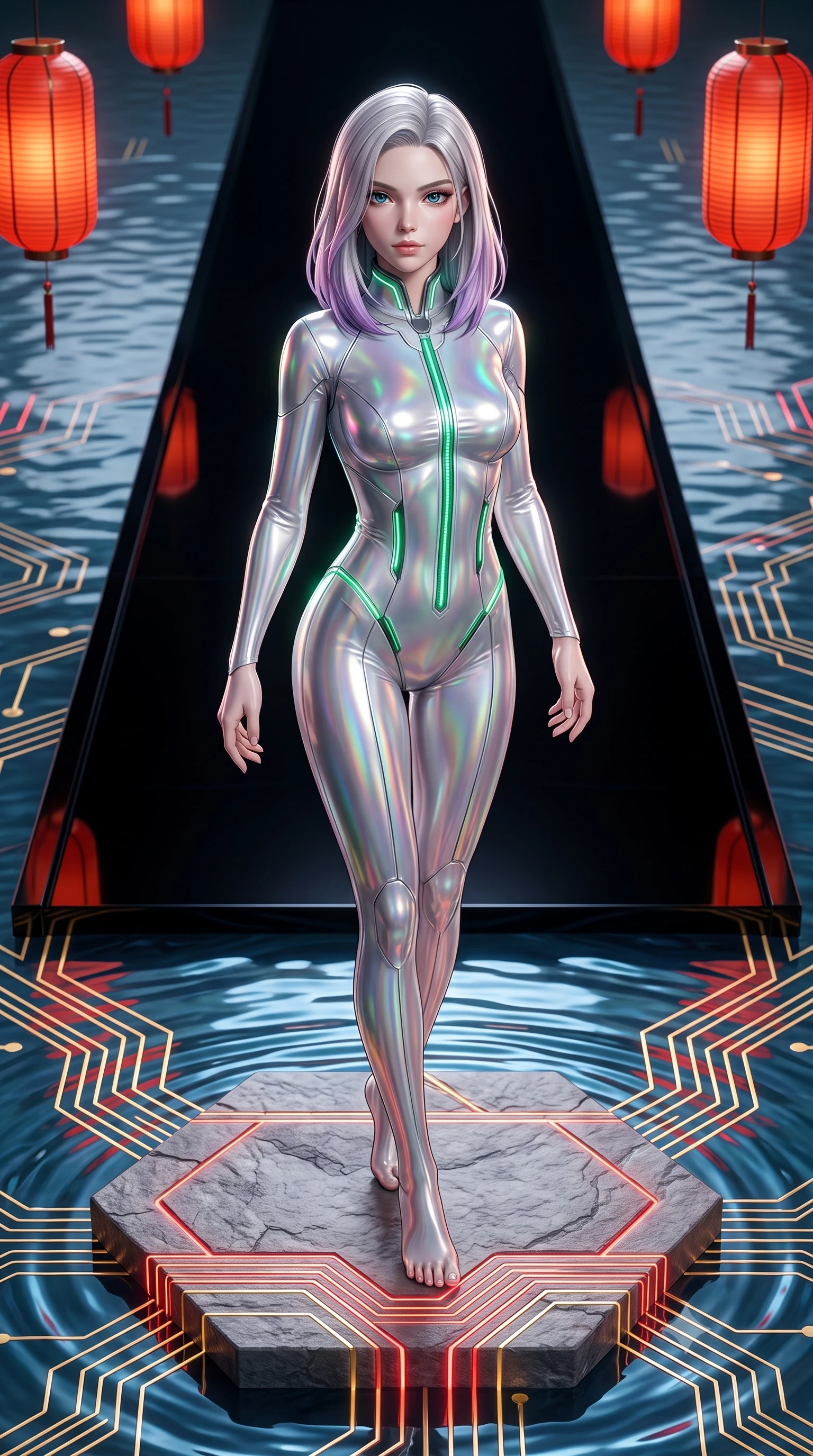 score_9, masterpiece, best quality, ultra-detailed, high-budget anime keyframe, editorial fashion photography, tasteful artistic composition, Caucasian woman. low angle full-body shot from head to toe showing her feet, filling the entire 9:16 vertical frame with her statuesque presence, stretching her vertical silhouette. pivoting dynamically in mid-motion with a breathtakingly alluring posture, displaying her flawless model proportions, toned flat midriff, and ultra-slim waist while pivoting dynamically on a floating hexagonal stone platform as glowing red and gold circuit lines ripple through the water. The surrounding environment is rendered in vivid detail and crisp panoramic clarity. sharp digital circuit water ripples, vermilion cyber-lanterns, and black glass walkway in high clarity. She has an absolutely perfect, statuesque 8.5-heads proportion, an exceptionally tall and slender model-like female figure with impossibly long slender legs, a toned flat midriff, and an ultra-slim waist. sharp v-shaped jawline, high-bridge nose, intricate jewel-like eyes with depth, thick eyelashes, glossy lips with a natural sheen, flawlessly proportioned anatomical accuracy, strict slender model proportions, natural body alignment, perfectly sculpted long slender limbs, ultra-slim waistline, clean dynamic posture without body distortion. wearing an ultra-sleek aerodynamic tech-jumpsuit sculpted tightly to her figure, accented with glowing fiber-optic spine lines in radiant emerald green circuit lines and polished silver sheen, crafted from delicate iridescent organza interwoven with luminescent micro-fibers, featuring a sleek aerodynamic collar framed by subtle glowing cybernetic accents, the liquid-tight tailored fabric emphasizing every curve of her tall, slender model proportions and sculptured silhouette during dynamic movement. surrounded by an ethereal, timeless, and captivatingly graceful oriental cyber-goddess aura. ultra-reflective glossy finish, specular highlights, dark metallic sheen, high-contrast stereoscopic depth, volumetric dynamic lighting, 2k, ultra detail, master piece, 9:16 ratio