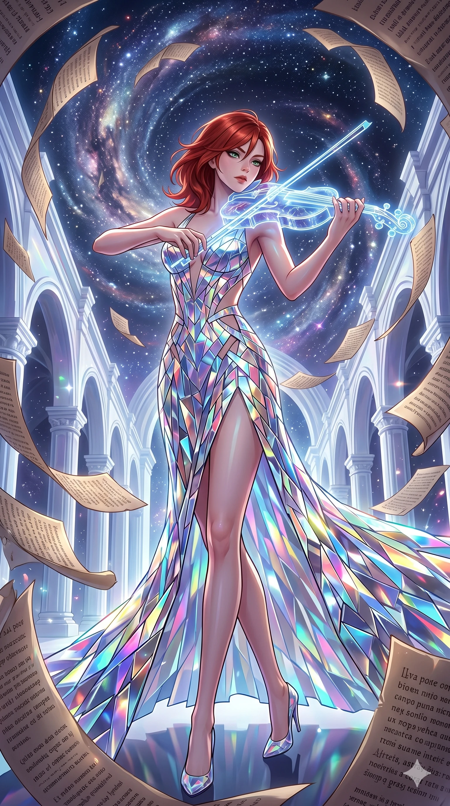 score_9, masterpiece, best quality, ultra-detailed, Set A: High-budget Anime Keyframe, Korean woman. Low angle cowboy shot filling the entire 9:16 frame with her statuesque presence. Theme: Abstract Cosmic. playing a holographic violin in a temple made of solid light, surrounded by a whirlwind of 143 floating ancient scrolls. The atmosphere is filled with a swirling vortex of stars. She has an absolutely perfect 8-heads proportion, an exceptionally tall and slender female figure with impossibly long slender legs and an ultra-slim waist. Sharp v-shaped jawline, high-bridge nose, intricate jewel-like eyes with depth, glossy lips. Wearing Fragmented mirror-glass dress that creates a prismatic lighting effect around her. Cinematic lighting, vivid colors, dramatic shadows, 2k, ultra detail, master piece, 9:16 ratio