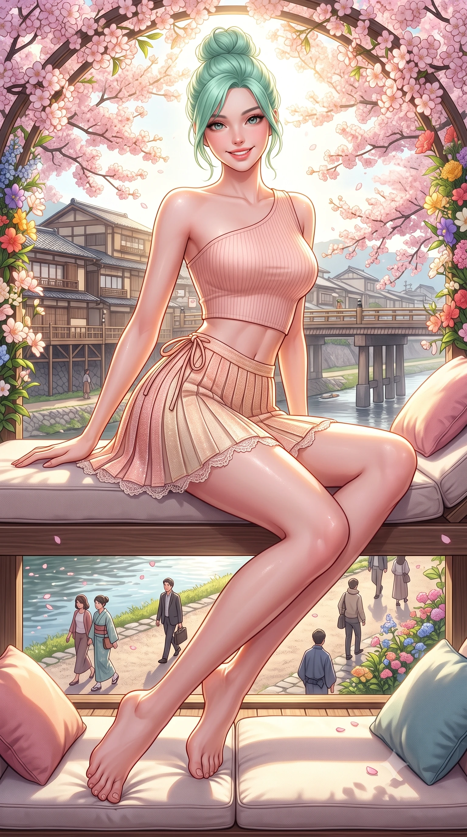 score_9, masterpiece, best quality, ultra-detailed, high-budget anime keyframe, semi-realistic 3D game render, editorial fashion photography, tasteful artistic composition, Japanese woman. low angle full-body shot from head to toe showing her feet, filling the entire 9:16 vertical frame with her statuesque presence, stretching her vertical silhouette. reclining languidly on her side across the sunbed with one knee drawn up, her radiant smile and arched hip curve commanding the 9:16 vertical frame with youthful sensual charisma while walking gracefully along the riverbank path, her form-fitting outfit highlighting her narrow waist and curvy hips beneath blooming flower arches. The surrounding environment is rendered in vivid detail and crisp panoramic clarity. detailed silk dress drape, soft sun glints on skin, and Kyoto riverbank architecture in high resolution. She has an exceptionally tall and slender model-like 8.5-heads proportion, an ultra-slim waist, a flat toned midriff, narrow delicate ribcage, and beautifully sculpted feminine hips creating a graceful, slim hourglass silhouette without any bulky heaviness, with impossibly long slender legs. sharp v-shaped jawline, high-bridge nose, intricate jewel-like sparkling eyes with depth, thick eyelashes, glossy parted lips with a natural peach sheen, bright cheerful beaming smile with an enchanting and coquettish sensual glint, exuding both youthful cute charm and seductive allure, flawlessly proportioned anatomical accuracy, strict slender model proportions, natural body alignment, perfectly sculpted long slender limbs, ultra-slim waistline, clean dynamic posture without body distortion. wearing an asymmetrical one-shoulder ribbed top paired with a micro-pleated skirt with side hip ties in pastel peach blossom pink and warm champagne ivory, tailored from soft pastel tweed with subtle metallic shimmer, finished with delicate lace scallop edging along the neckline, the precision-cut side openings and low-back scoop framing her graceful spine and the sensual sweep of her slim, toned hips. bathed in bright morning sunbeams and warm golden sakura backlighting. highly saturated vibrant anime colors, detailed shading with soft gradients, rich glossy textures, high-contrast stereoscopic depth, volumetric dynamic lighting, master piece, 9:16 ratio