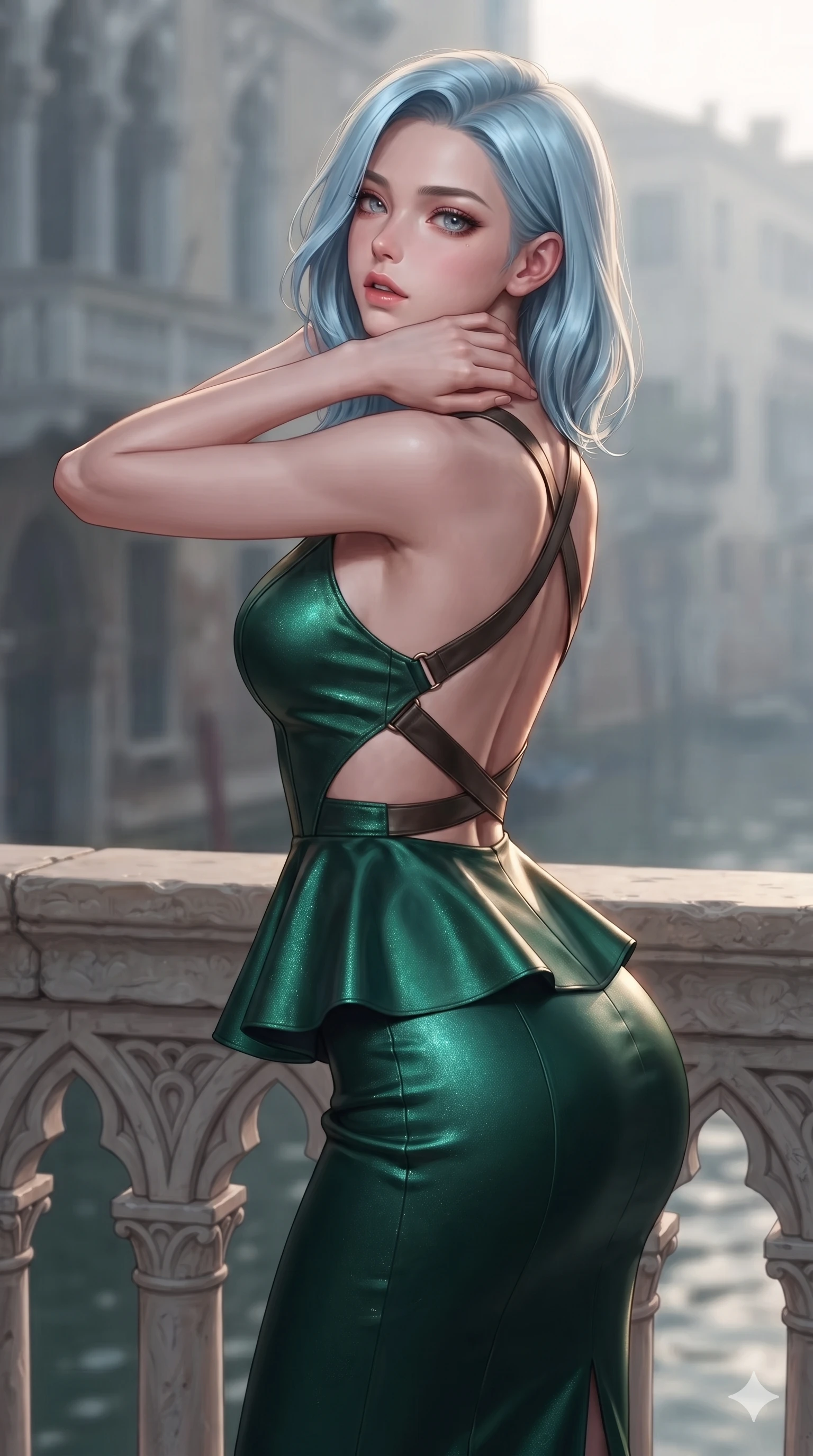 score_9, masterpiece, best quality, ultra-detailed, high-budget anime keyframe, editorial fashion photography, tasteful artistic composition, Korean woman. close-up cowboy shot from the waist and thighs up, the character dominates the composition, filling the frame with her large presence. resting both hands lightly behind her neck with elbows raised, arching her spine to highlight her narrow waist, flat midriff, and breathtaking collarbones while leaning forward over the carved stone gothic balustrade with hips cocked back, looking back with sleepy seductive bedroom-eyes as water reflections dance across her silhouette. The background shows a soft-focus Venetian canal dawn haze softened in gothic palazzo balcony shallow focus. She has an exceptionally elegant, slender, and willowy female figure with an ultra-slim waist, flat toned midriff, narrow ribcage, and sculpted feminine hips creating an alluring, slim hourglass silhouette without bulk. sharp v-shaped jawline, high-bridge nose, intricate jewel-like sparkling eyes with depth, thick eyelashes, glossy parted lips with a natural sheen, intensely captivating and seductive bedroom-eyes expression, exuding both youthful cute charm and sovereign luxury allure, flawlessly proportioned anatomical accuracy, strict slender model proportions, natural body alignment, perfectly sculpted long slender limbs, ultra-slim waistline, clean dynamic posture without body distortion. wearing a modern peplum corset dress with side-waist diamond cutouts and an ultra-tight silhouette in deep emerald green satin and gold hardware accents, crafted from stretch micro-mesh with liquid foil coating that shimmers with every movement, featuring an open-back criss-cross harness strap in dark leather, the form-contouring material adhering flawlessly to her sculpted flat midriff and slender torso, emphasizing her long leg lines and perfectly proportioned willowy build. illuminated by canal surface reflection bounce and sharp golden-amber rim lights sculpting her razor-sharp jawline, narrow waist, and curvy hips. ultra-reflective glossy finish, specular highlights, rich textural contrasts, high-contrast stereoscopic depth, volumetric dynamic lighting, 2k, ultra detail, master piece, 9:16 ratio
