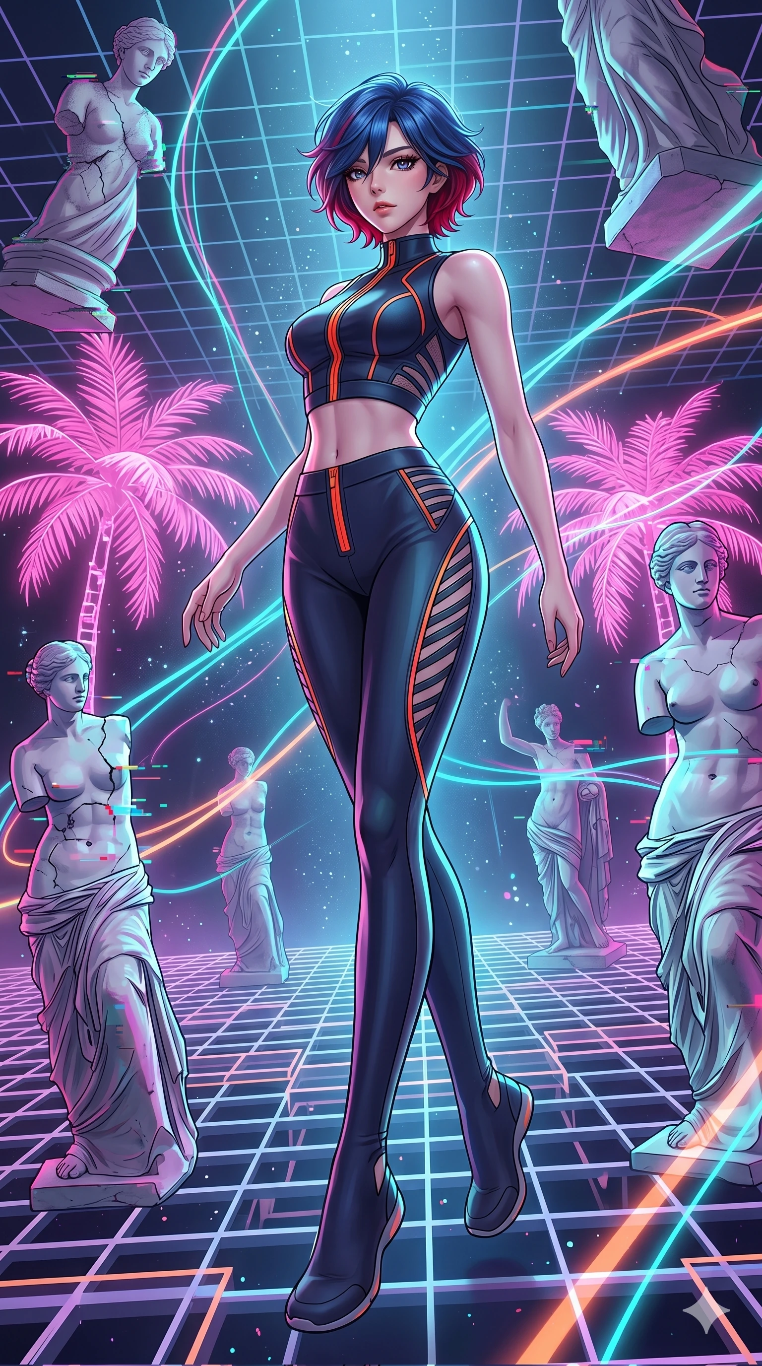 score_9, masterpiece, best quality, ultra-detailed, high-budget anime keyframe, Korean woman. low angle full-body shot filling the entire 9:16 frame with her statuesque presence, stretching the vertical silhouette. drifting through a holographic vaporwave oasis with floating grid floors, lo-fi marble statues, and glowing pink palms. She has an absolutely perfect 8-heads proportion, an exceptionally tall and slender female figure with impossibly long slender legs and an ultra-slim waist. V-shaped jawline, high-bridge nose, intricate jewel-like eyes with depth, thick eyelashes, glossy lips with a natural sheen.. wearing a second-skin neoprene cyber-athleisure set, featuring a tight crop top and leggings with fluorescent orange zipper accents and side slash panels. illuminated by dramatic chiaroscuro casting soft shadows along her curves, with vibrant backlighting highlighting the dust particles. 2k, ultra detail, master piece, 9:16 ratio