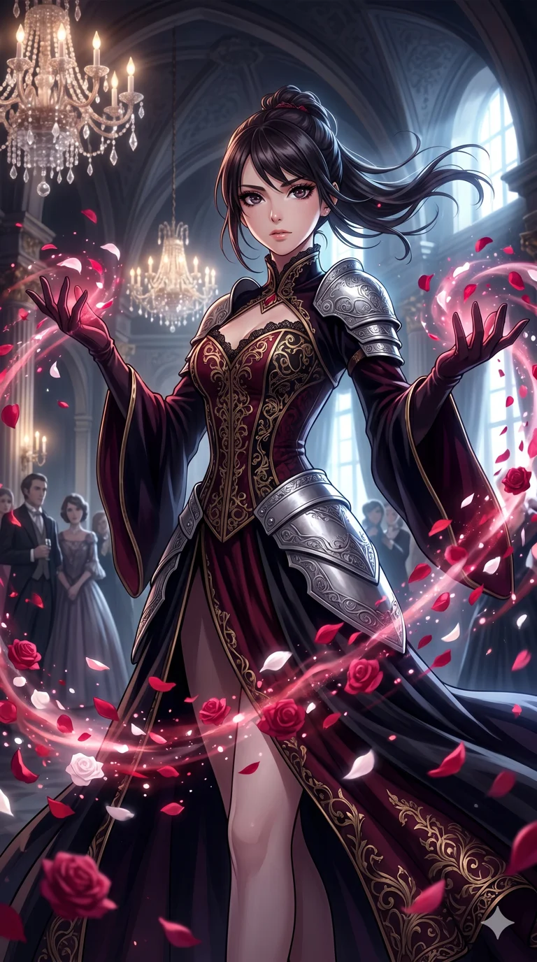 score_9, masterpiece, best quality, ultra-detailed, High-budget Anime Keyframe, beautiful Japanese anime girl. Upper body close-up from the thighs up, character filling the screen for maximum presence. Summoning a storm of rose petals in a grand ballroom with crystal chandeliers. She has an absolutely perfect 8-heads proportion, an exceptionally tall and slender female figure with impossibly long slender legs and an ultra-slim waist. Sharp v-shaped jawline, high-bridge nose, intricate jewel-like eyes with depth, thick eyelashes, glossy lips with a natural sheen. Wearing a Dark Fantasy outfit: gold gothic lace corset gown, bell-sleeved sorceress robes, engraved silver plate armor over silk. Background is a bright and colorful environment with cinematic lighting, dynamic particle effects, and high-contrast shadows. 2k, ultra detail, master piece, 9:16 ratio