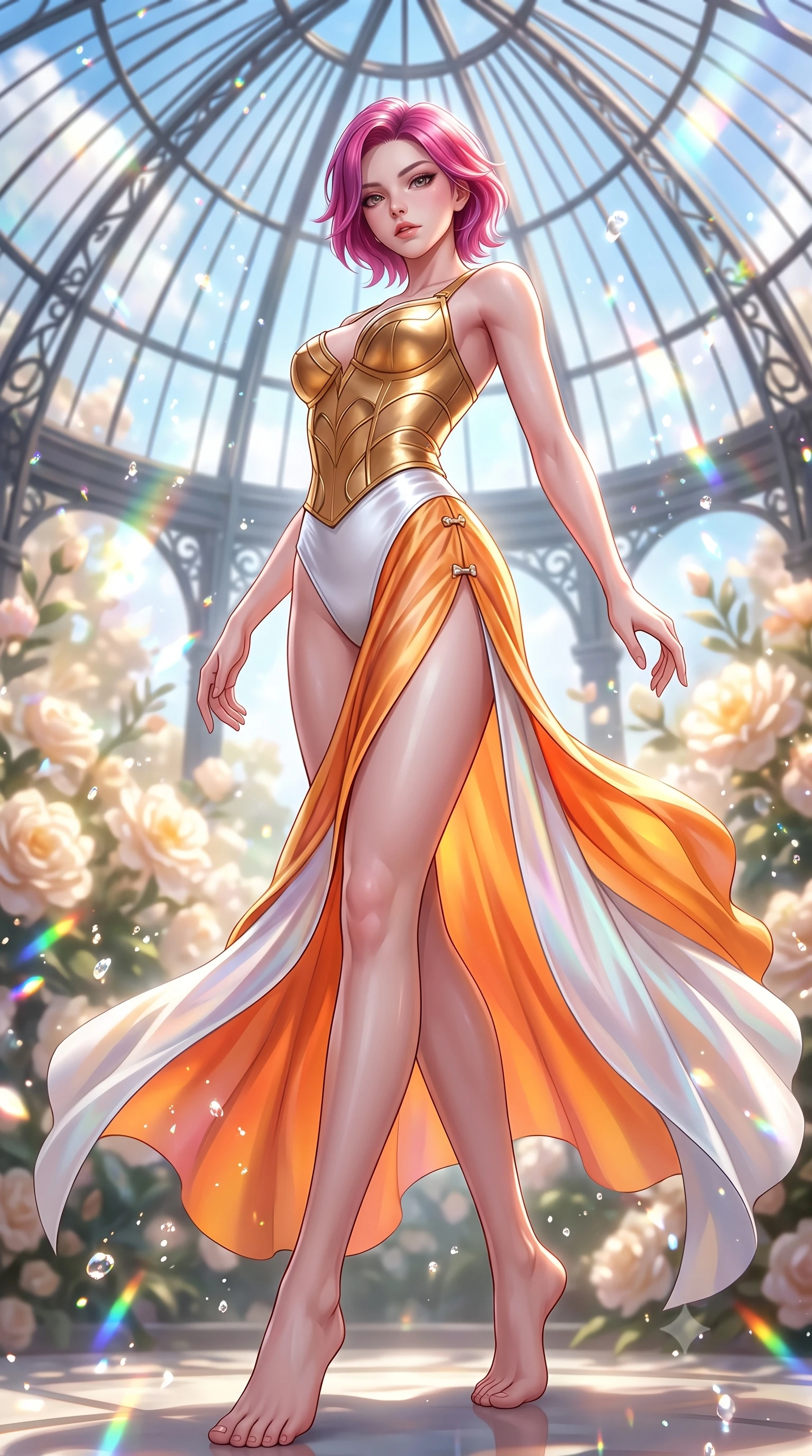 score_9, masterpiece, best quality, ultra-detailed, high-budget anime keyframe, semi-realistic 3D game render, editorial fashion photography, tasteful artistic composition, Caucasian woman. low angle full-body shot from head to toe showing her feet, filling the entire 9:16 vertical frame with her statuesque presence, stretching her vertical silhouette. pivoting dynamically in mid-motion with a breathtakingly alluring posture, displaying her flawless model proportions and ultra-slim waist while arching her spine in a fluid stretch beneath a colossal wrought-iron glass dome catching brilliant midday light. The composition keeps background elements in soft focus with creamy bokeh. sparkling sunlight water droplets scattering prismatic light motes across a luminous backdrop. She has an absolutely perfect, statuesque 8.5-heads proportion, an exceptionally tall and slender model-like female figure with impossibly long slender legs, a toned flat midriff, and an ultra-slim waist. sharp v-shaped jawline, high-bridge nose, intricate jewel-like eyes with depth, thick eyelashes, glossy lips with a natural sheen, flawlessly proportioned anatomical accuracy, strict slender model proportions, natural body alignment, perfectly sculpted long slender limbs, ultra-slim waistline, clean dynamic posture without body distortion. wearing a sculpted golden breastplate bodice paired with high-cut white satin briefs and a fluid draped side skirt in vivid sunset amber orange and cloud white, made of smooth iridescent silk chiffon that shifts colors with movement, finished with an ultra-high side slit secured by miniature magnetic clasps, the glove-like aerodynamic second-skin fit tightly clinging to her ultra-slender waist and athletic curves without adding bulk, accentuating her razor-sharp statuesque lines and slim hourglass silhouette. surrounded by an opulent, romantic, and breathtakingly fresh floral goddess atmosphere. highly saturated vibrant anime colors, detailed shading with soft gradients, rich glossy textures, high-contrast stereoscopic depth, volumetric dynamic lighting, master piece, 9:16 ratio