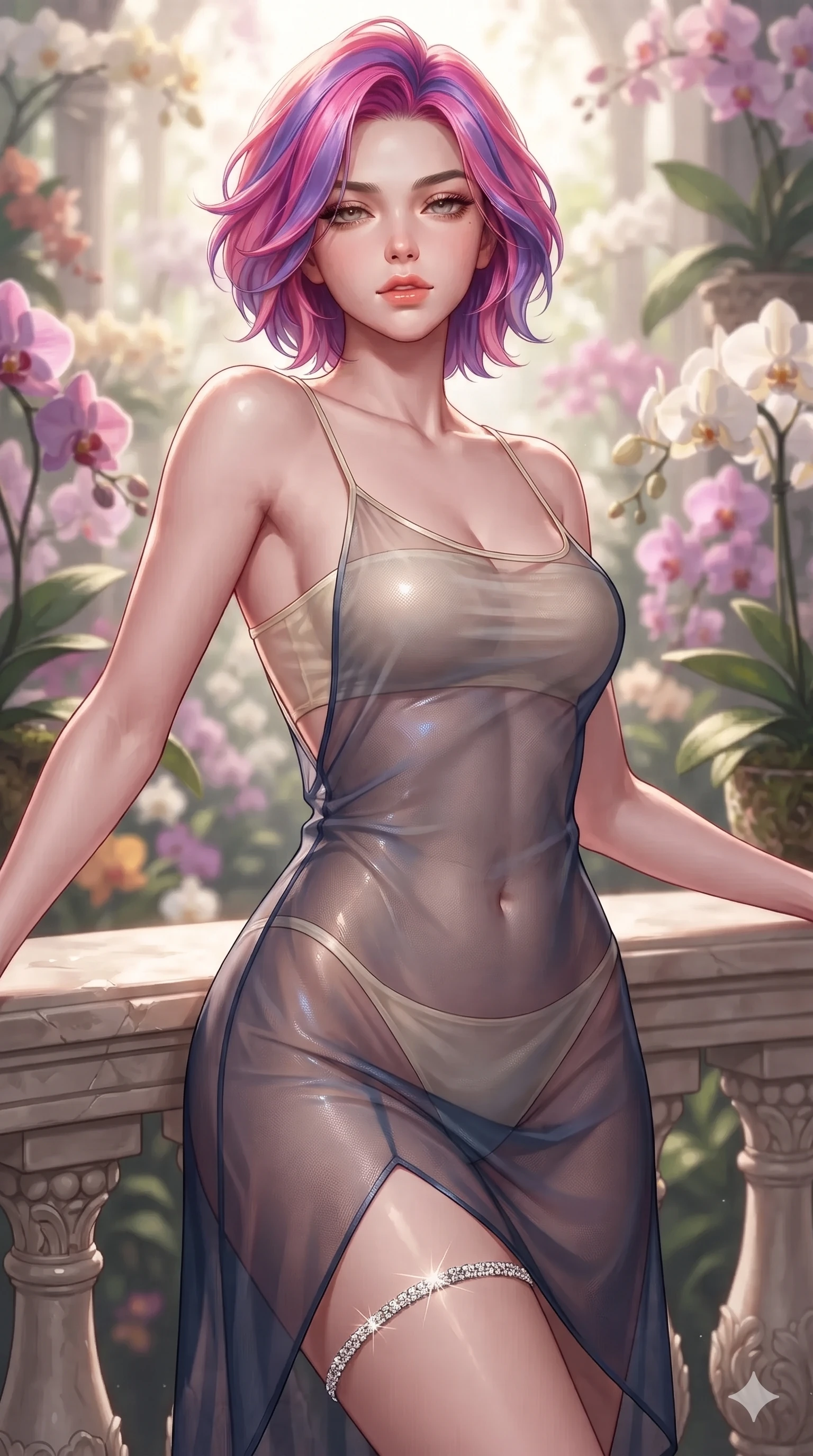 score_9, masterpiece, best quality, ultra-detailed, high-budget anime keyframe, editorial fashion photography, tasteful artistic composition, Caucasian woman. close-up cowboy shot from the waist and thighs up, the character dominates the composition, filling the frame with her large presence. leaning back against the balustrade with relaxed seductive grace, head tilted back slightly while casting a hypnotic, heavy-lidded gaze while leaning back against the orchid trellis with hips cocked back, looking through fragrant petals with heavy-lidded seductive bedroom-eyes. The background shows a soft-focus high-society orchid pavilion softened in romantic floral shallow focus. She has an exceptionally elegant, slender, and willowy female figure with an ultra-slim waist, flat toned midriff, narrow ribcage, and sculpted feminine hips creating an alluring, slim hourglass silhouette without bulk. sharp v-shaped jawline, high-bridge nose, sparkling eyes with hypnotic seductive depth, thick curled eyelashes, glossy parted lips with a natural dewy peach sheen, alluring bedroom-eyes with an enchanting coquettish smile, exuding magnetic siren charisma and sophisticated glamour, flawlessly proportioned anatomical accuracy, strict slender model proportions, natural body alignment, perfectly sculpted long slender limbs, ultra-slim waistline, clean dynamic posture without body distortion. wearing a delicately layered semi-sheer gossamer silk slip dress revealing her sculpted silhouette over an opaque micro-bandeau and briefs in French Riviera navy and crisp champagne ivory, crafted from translucent iridescent mesh with a wet-look second-skin cling, accented with a delicate crystal-encrusted thigh garter strap glinting under the lights, the precision-cut side openings and low-back scoop framing her graceful spine and the sensual sweep of her slim, toned hips. illuminated by wet flagstone bounce and sharp fuchsia-gold rim lights defining her razor-sharp jawline, narrow waist, and curvy hips. ultra-reflective glossy finish, specular highlights, rich textural contrasts, high-contrast stereoscopic depth, volumetric dynamic lighting, 2k, ultra detail, master piece, 9:16 ratio