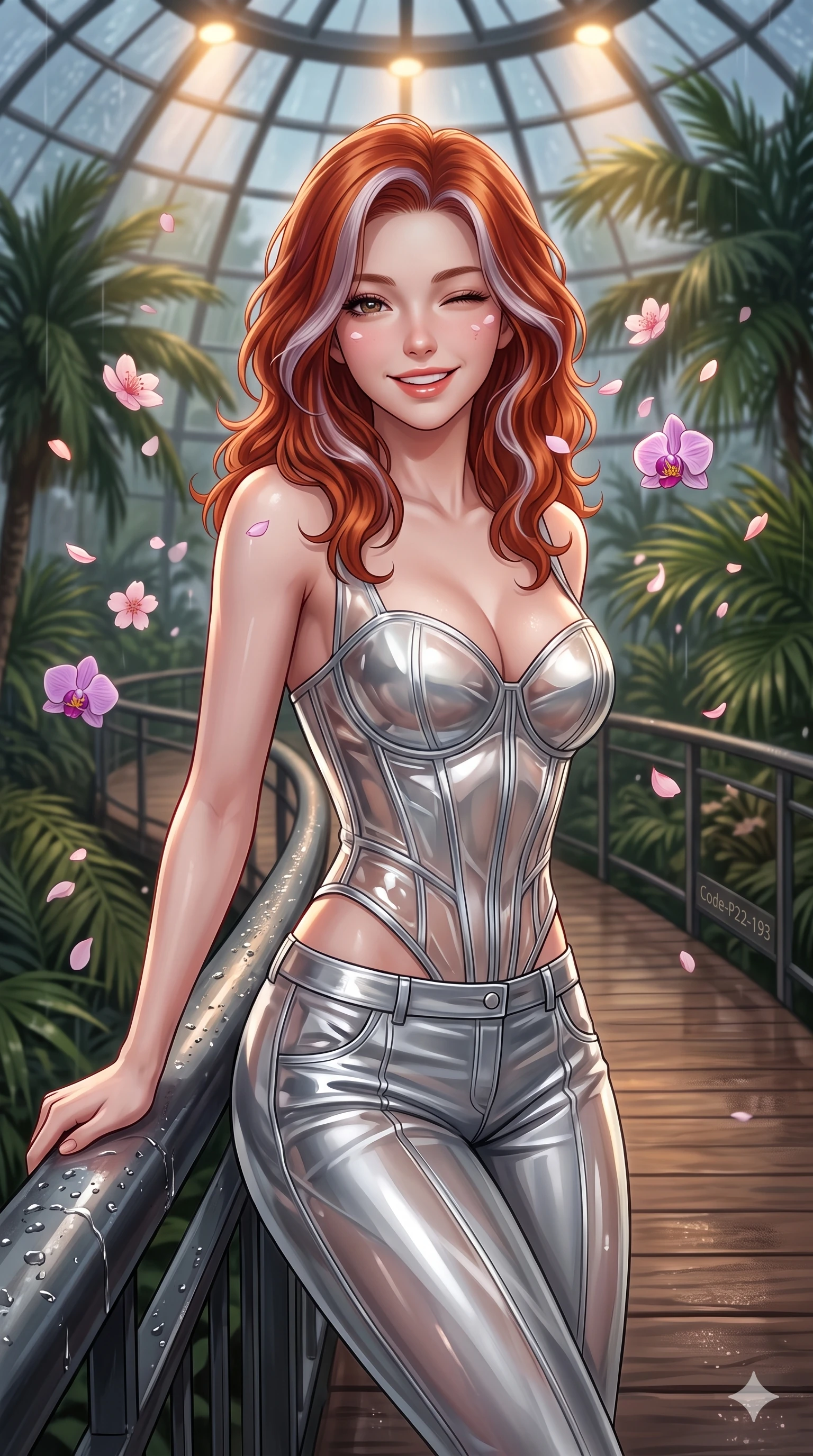 score_9, masterpiece, best quality, ultra-detailed, high-budget anime keyframe, vibrant anime aesthetic, Caucasian woman, strictly human ears. close-up cowboy shot from the waist and thighs up, the character dominates the composition, filling the frame with her large presence, background elements kept in soft focus. She is leaning back on a wet, rain-slicked railing, winking and smiling delightfully, with a bright, joyful gaze surrounded by delicate flower petals. the background shows a soft-focus wooden boardwalk winding through a botanical garden greenhouse filled with exotic palms, under a glass dome (Code-P22-193). She has an absolutely perfect proportion, an exceptionally elegant and slender female figure with an ultra-slim waist. V-shaped jawline, high-bridge nose, intricate jewel-like eyes with depth, thick eyelashes, glossy lips with a natural sheen. wearing a translucent gloss-finish structured bodice with a sweetheart neckline and sleek pants in silver metallic and translucent gloss. She is illuminated by warm overhead spotlights inside the plant conservatory dome, casting soft shadows that enhance her features under the glass dome roof. 2k, ultra detail, master piece, 9:16 ratio