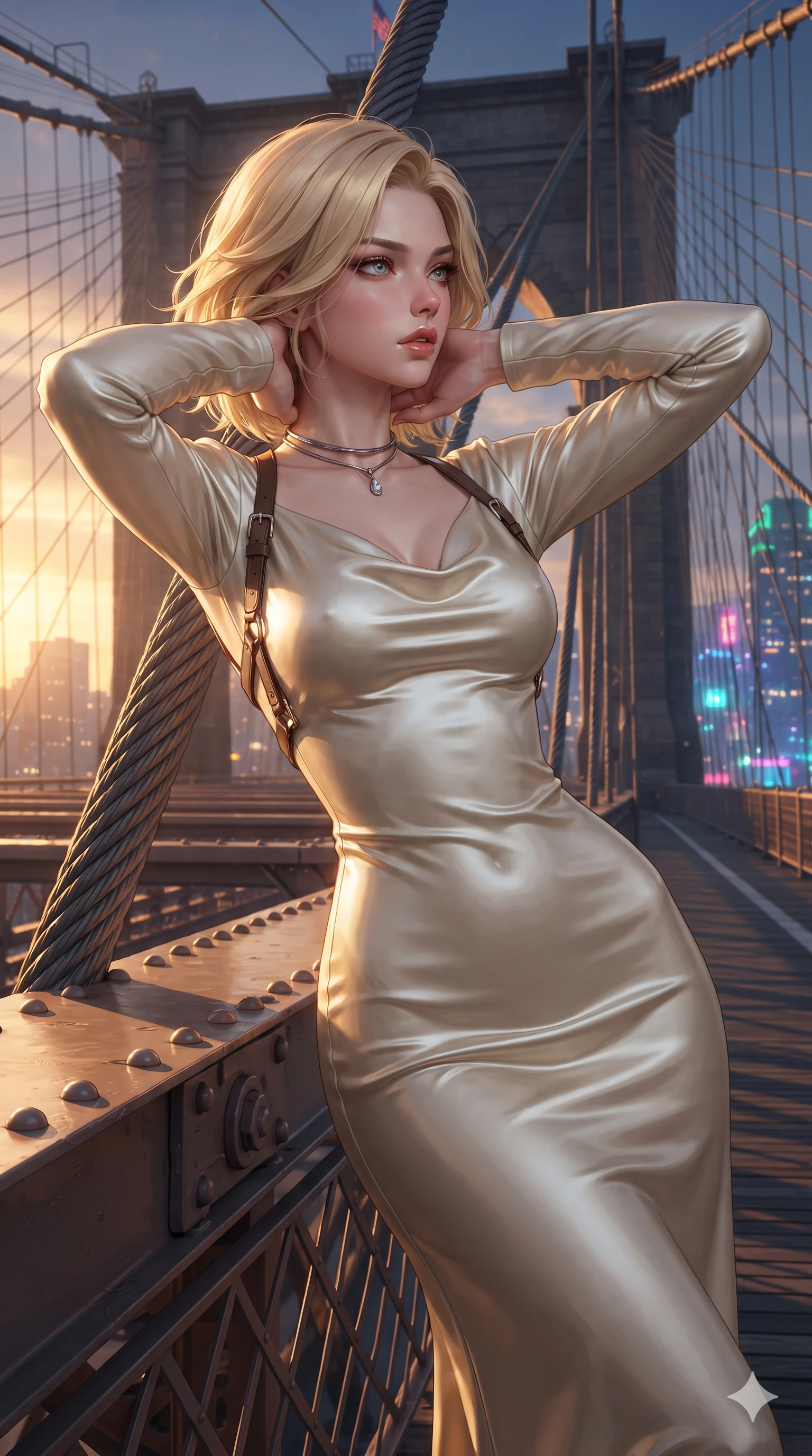 score_9, masterpiece, best quality, ultra-detailed, high-budget anime keyframe, editorial fashion photography, tasteful artistic composition, Caucasian woman. close-up cowboy shot from the waist and thighs up, the character dominates the composition, filling the frame with her large presence. resting both hands lightly behind her neck with elbows raised, arching her spine to highlight her narrow waist, flat midriff, and breathtaking collarbones while leaning against the structural bridge cables with hips cocked back, gazing into the glittering twilight expanse with intoxicating bedroom-eyes. The surrounding environment is rendered in vivid detail and crisp panoramic clarity: detailed liquid-silk jersey evening dress tailoring, open-back leather harness straps, and monumental bridge engineering in razor-sharp precision. She has an exceptionally elegant, slender, and willowy female figure with an ultra-slim waist, flat toned midriff, narrow ribcage, and sculpted feminine hips creating an alluring, slim hourglass silhouette without bulk. sharp v-shaped jawline, high-bridge nose, intricate jewel-like sparkling eyes with depth, thick eyelashes, glossy parted lips with a natural sheen, intensely captivating and seductive bedroom-eyes expression, exuding both youthful cute charm and sovereign luxury allure, flawlessly proportioned anatomical accuracy, strict slender model proportions, natural body alignment, perfectly sculpted long slender limbs, ultra-slim waistline, clean dynamic posture without body distortion. wearing a modest long-sleeve cowl-neck satin column gown draping gracefully to the floor with aristocratic poise in Istrian stone cream and antique gold-leaf, crafted from bespoke double-faced cashmere with an exceptionally soft tactile finish, finished with a minimalist chrome choker and a single teardrop diamond pendant, the bespoke structured tailoring following the natural line of her 8.5-heads silhouette with refined elegance. bathed in the dramatic dual twilight lighting: warm golden sunset rays from the classical west and cool vibrant neon from the futuristic east. ultra-reflective glossy finish, specular highlights, rich textural contrasts, high-contrast stereoscopic depth, volumetric dynamic lighting, 2k, ultra detail, master piece, 9:16 ratio