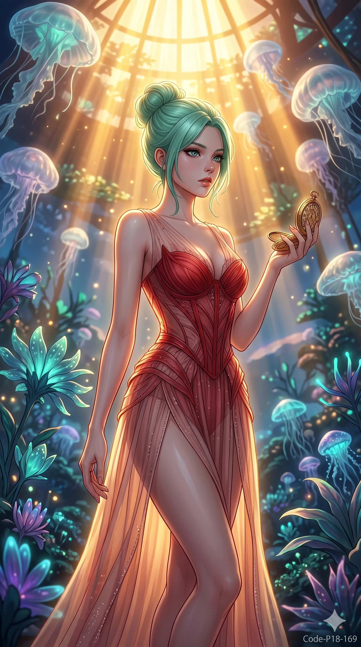 score_9, masterpiece, best quality, ultra-detailed, high-budget anime keyframe, editorial fashion photography, tasteful artistic composition, Japanese woman. cowboy shot from the thighs up, character and outfit filling the frame for maximum editorial presence. holding a golden pocket watch, looking past the camera with a focused expression in a bioluminescent sky garden with floating translucent jellyfish clouds (Code-P18-169). She has an absolutely perfect 8-heads proportion, an exceptionally tall and slender female figure with impossibly long slender legs and an ultra-slim waist. V-shaped jawline, high-bridge nose, intricate jewel-like eyes with depth, thick eyelashes, glossy lips with a natural sheen. wearing a sheer chiffon dress with a red corset bodice. brilliant golden rays from the ceiling, creating a warm glowing aura on her silhouette. 2k, ultra detail, master piece, 9:16 ratio