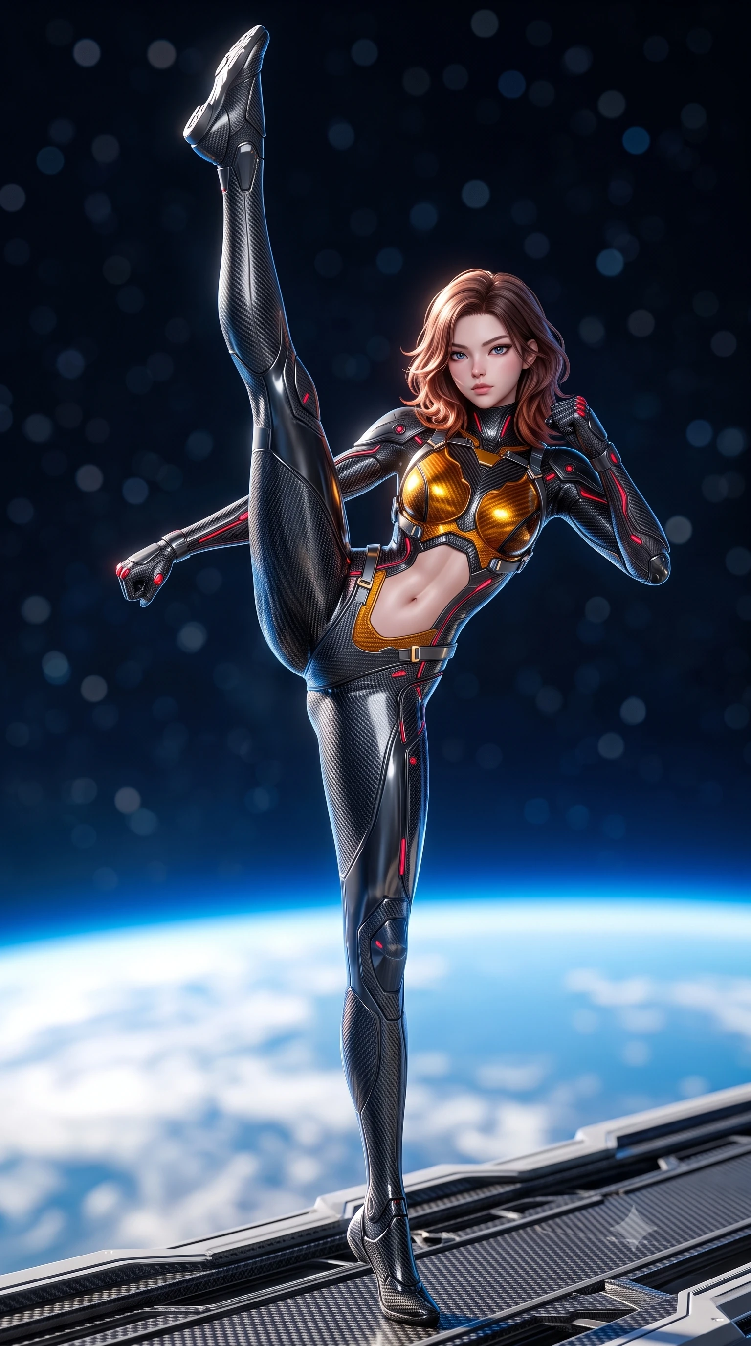 score_9, masterpiece, best quality, ultra-detailed, high-budget anime keyframe, semi-realistic 3D game render, editorial fashion photography, tasteful artistic composition, Korean woman. low angle full-body shot from head to toe showing her feet, filling the entire 9:16 vertical frame with her statuesque presence, stretching her vertical silhouette. executing a breathtaking zero-gravity high-kick with full 180-degree vertical extension, her impossibly long slender legs dominating the frame with razor-sharp poise while stretching her slender torso in an alluring S-curve on the carbon walkway with the curved horizon of Earth glowing below. The composition keeps background elements in soft focus with creamy bokeh. glowing blue horizon of planet Earth and deep starry space blurred into clean azure, white, and pitch-black bokeh. She has an absolutely perfect, statuesque 8.5-heads proportion, an exceptionally tall and slender model-like female figure with impossibly long slender legs, a toned flat midriff, and an ultra-slim waist. sharp v-shaped jawline, high-bridge nose, intricate jewel-like eyes with depth, thick eyelashes, glossy lips with a natural sheen, flawlessly proportioned anatomical accuracy, strict slender model proportions, natural body alignment, perfectly sculpted long slender limbs, ultra-slim waistline, clean dynamic posture without body distortion. wearing a second-skin dark gunmetal carbon-weave battle-suit with crimson laser conduits and high-frequency knuckle strike plates in molten amber-gold carbon cuirass with dark titanium weave, formed from high-gloss patent carbon-plating with specular chiaroscuro reflections, reinforced by a sleek titanium kinetic harness and glowing micro-energy straps, the liquid-tight tailored fabric emphasizing every curve of her tall, slender model proportions and sculptured silhouette during dynamic movement. bathed in dazzling high-noon orbital sunlight and rich blue Earth ambient bounce light. rich saturated anime colors with glowing neon highlights, detailed shading with soft gradients, rich glossy textures, high-contrast stereoscopic depth, volumetric dynamic lighting, master piece, 9:16 ratio