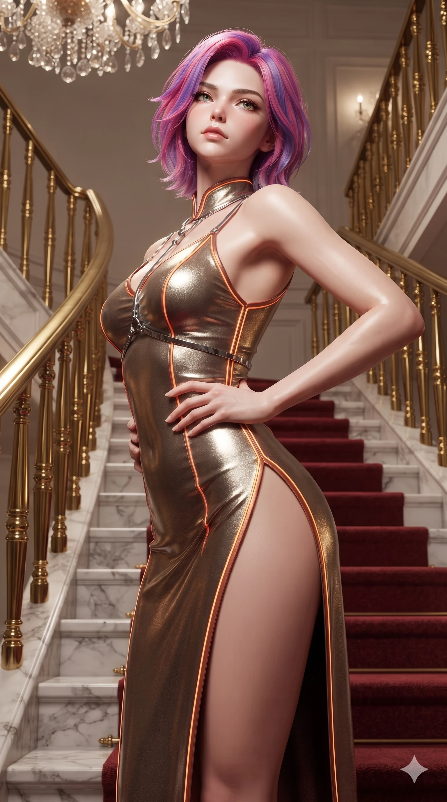 score_9, masterpiece, best quality, ultra-detailed, high-budget anime keyframe, editorial fashion photography, tasteful artistic composition, Caucasian woman. close-up cowboy shot from the waist and thighs up, the character dominates the composition, filling the frame with her large presence. tilting her chin up with proud, sovereign allure while gazing through thick eyelashes, one hand resting on her waist in pure supermodel charisma while twisting her slender torso in an alluring S-curve between gilded balusters, crystal chandelier glints highlighting her flat midriff and hourglass curves. The surrounding environment is rendered in vivid detail and crisp panoramic clarity: sharp Italian Carrara marble step veining, plush crimson carpet weave, and crisp gilded brass baluster facets in deep focus. She has an exceptionally elegant, slender, and willowy female figure with an ultra-slim waist, flat toned midriff, narrow ribcage, and sculpted feminine hips creating an alluring, slim hourglass silhouette without bulk. sharp v-shaped jawline, high-bridge nose, intricate jewel-like eyes with depth, thick eyelashes, glossy parted lips with a natural sheen, intensely captivating and seductive bedroom-eyes expression, flawlessly proportioned anatomical accuracy, strict slender model proportions, natural body alignment, perfectly sculpted long slender limbs, ultra-slim waistline, clean dynamic posture without body distortion. wearing a modernized cyber-qipao mini dress with an ultra-high side slit ascending to the hip and glowing piping in warm Tuscan ochre and terracotta sienna, crafted from luxurious metallic lamé that shifts radiance with every step, accented with a chrome-drop body harness subtly framing her dewy collarbones and spine, the form-contouring silhouette accentuating her sculpted flat midriff, narrow delicate ribcage, and gracefully curvy hips with intoxicating allure. illuminated by crisp directional spotlights sharply defining her sculpted collarbones, ultra-slim waist, and curvy hips. ultra-reflective glossy finish, specular highlights, rich textural contrasts, high-contrast stereoscopic depth, volumetric dynamic lighting, 2k, ultra detail, master piece, 9:16 ratio