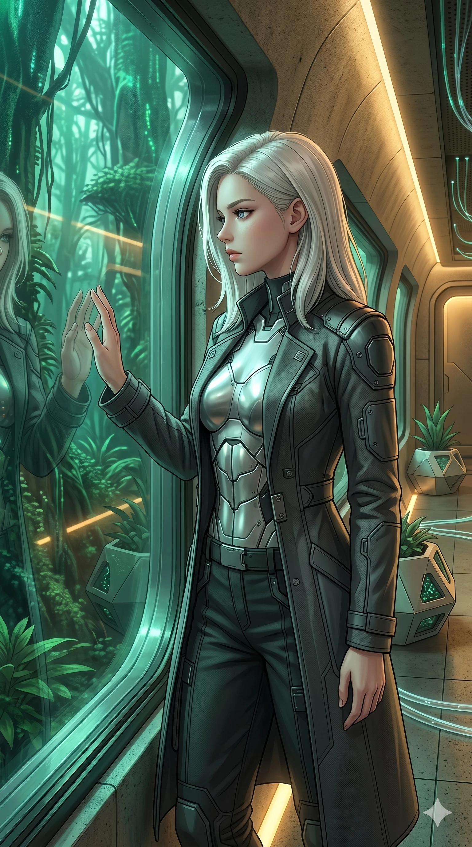 score_9, masterpiece, best quality, ultra-detailed, high-budget anime keyframe, editorial fashion photography, tasteful artistic composition, Caucasian woman, strictly human ears. Upper body close-up from the thighs up, character filling the screen for maximum presence. Inside a biotech garden corridor with windows showing a futuristic forest, leaning against the glass, looking at the forest with a thoughtful gaze. She is wearing a tailored tech-wear trench coat worn over a silver bodice and dark pants. The scene is bathed in the cool green light of the forest and warm corridor lights. 2k, ultra detail, master piece, 9:16 ratio