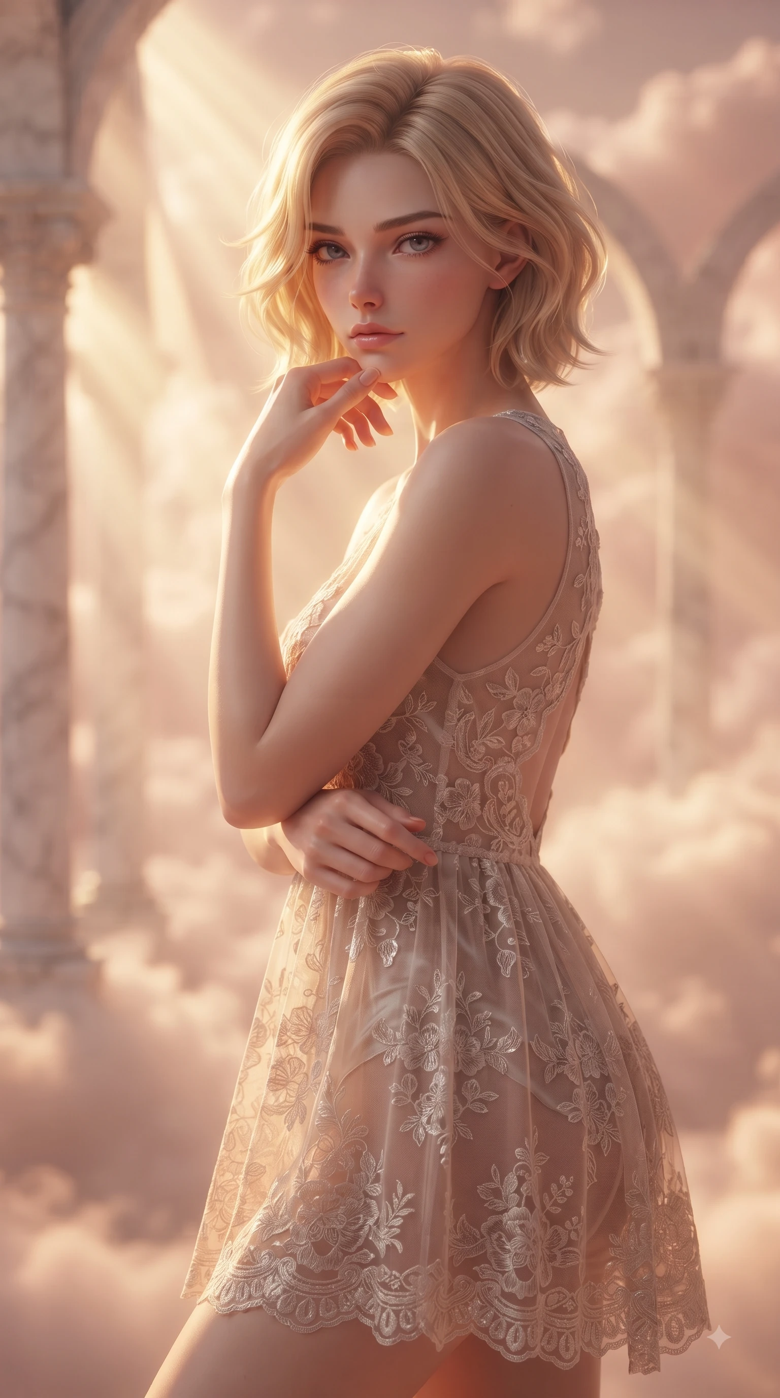 score_9, masterpiece, best quality, ultra-detailed, high-budget anime keyframe, editorial fashion photography, tasteful artistic composition, Caucasian woman woman. close-up cowboy shot from the waist and thighs up, the character dominates the composition, filling the frame with her large presence, background elements kept in soft focus. She has an exceptionally elegant, slender, and willowy female figure with an ultra-slim waist, a gracefully sculpted slender torso, and a refined silhouette. resting her chin on the back of her fingers in a thoughtful and effortless pose, flawlessly proportioned anatomical accuracy, natural body alignment, perfectly sculpted elegant limbs, clean dynamic posture without body distortion. set against a soft-focus background of a rose-gold floating cloud sanctuary with marble colonnades. wearing a semi-opaque sheer overlay micro-dress with delicate floral lace embroidery and low back. bathed in warm sunset sunbeams slicing through misty cloud drapes with a golden rim light. ultra-reflective glossy finish, specular highlights, metallic sheen, high-contrast stereoscopic depth, volumetric dynamic lighting, 2k, ultra detail, master piece, 9:16 ratio