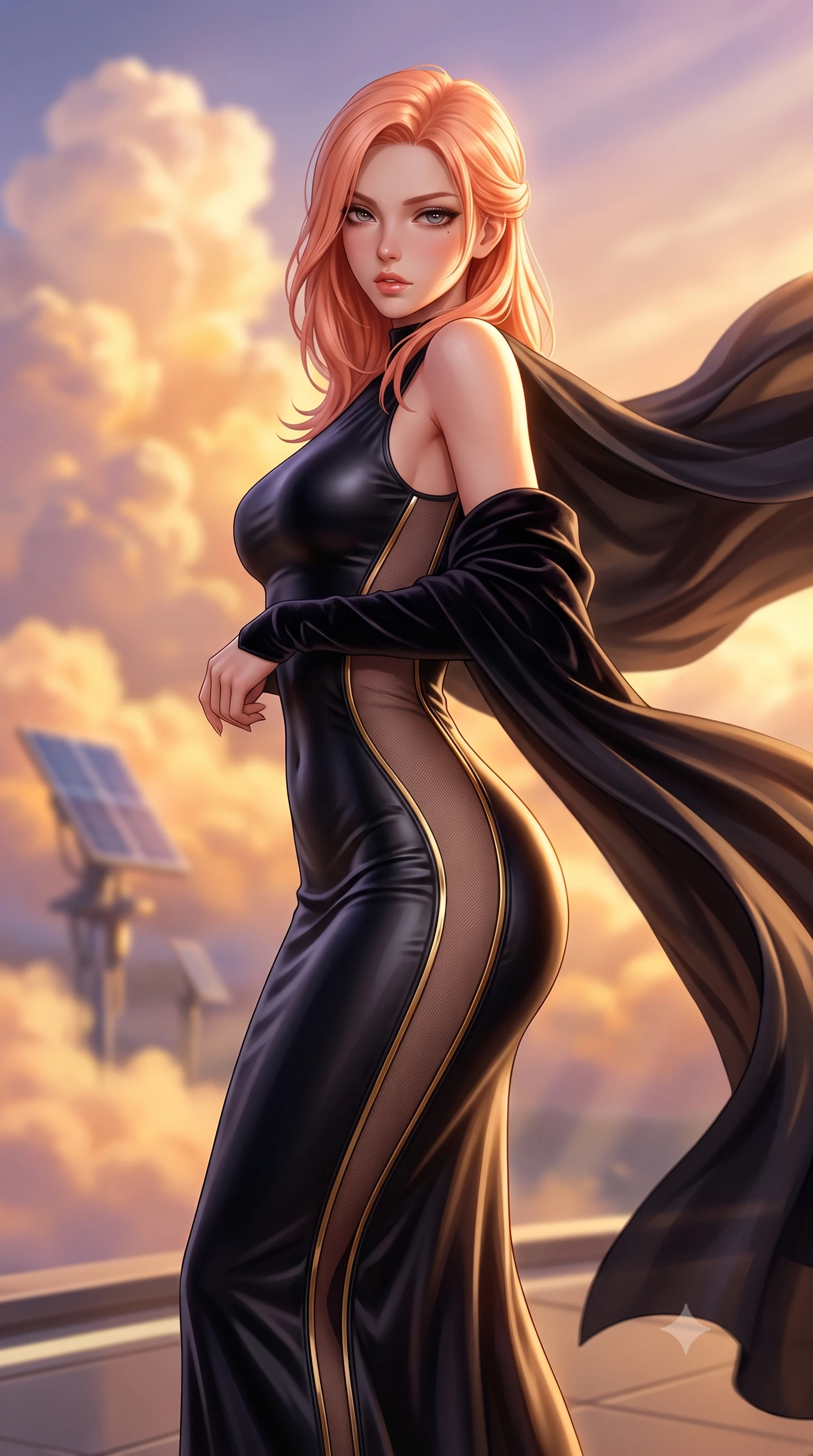 score_9, masterpiece, best quality, ultra-detailed, high-budget anime keyframe, semi-realistic 3D game render, editorial fashion photography, tasteful artistic composition, Japanese woman. close-up cowboy shot from the waist and thighs up, the character dominates the composition, filling the frame with her large presence. twisting her slender torso in a deep contrapposto stance, hips dramatically shifted to accentuate her feminine curves while looking past her shoulder with smoldering bedroom-eyes while standing poised on the high-altitude sun deck, twisting her slender torso in an alluring S-curve as stratospheric trade winds flutter her sweeping cape. The composition keeps background elements in soft focus with creamy bokeh. billowing sunset cumulus clouds and floating solar collector pylons blurred into molten gold, apricot, and lavender bokeh. She has an exceptionally elegant, slender, and willowy female figure with an ultra-slim waist, flat toned midriff, narrow ribcage, and sculpted feminine hips creating an alluring, slim hourglass silhouette without bulk. sharp v-shaped jawline, high-bridge nose, intricate jewel-like eyes with depth, thick eyelashes, glossy parted lips with a natural sheen, intensely captivating and seductive bedroom-eyes expression, flawlessly proportioned anatomical accuracy, strict slender model proportions, natural body alignment, perfectly sculpted long slender limbs, ultra-slim waistline, clean dynamic posture without body distortion. wearing a second-skin black silk jersey maxi dress with asymmetrical sheer mesh side panels tracing the full curve of her hip in midnight obsidian black and liquid gold, formed from supple second-skin lambskin leather with specular sheen, complemented by a plush velvet shawl draped loosely over her elbows, the form-contouring material adhering flawlessly to her sculpted flat midriff and slender torso, emphasizing her long leg lines and perfectly proportioned willowy build. bathed in glorious golden hour stratospheric sunbeams streaming unobstructed across the cloud deck. highly saturated vibrant anime colors, detailed shading with soft gradients, rich glossy textures, high-contrast stereoscopic depth, volumetric dynamic lighting, master piece, 9:16 ratio