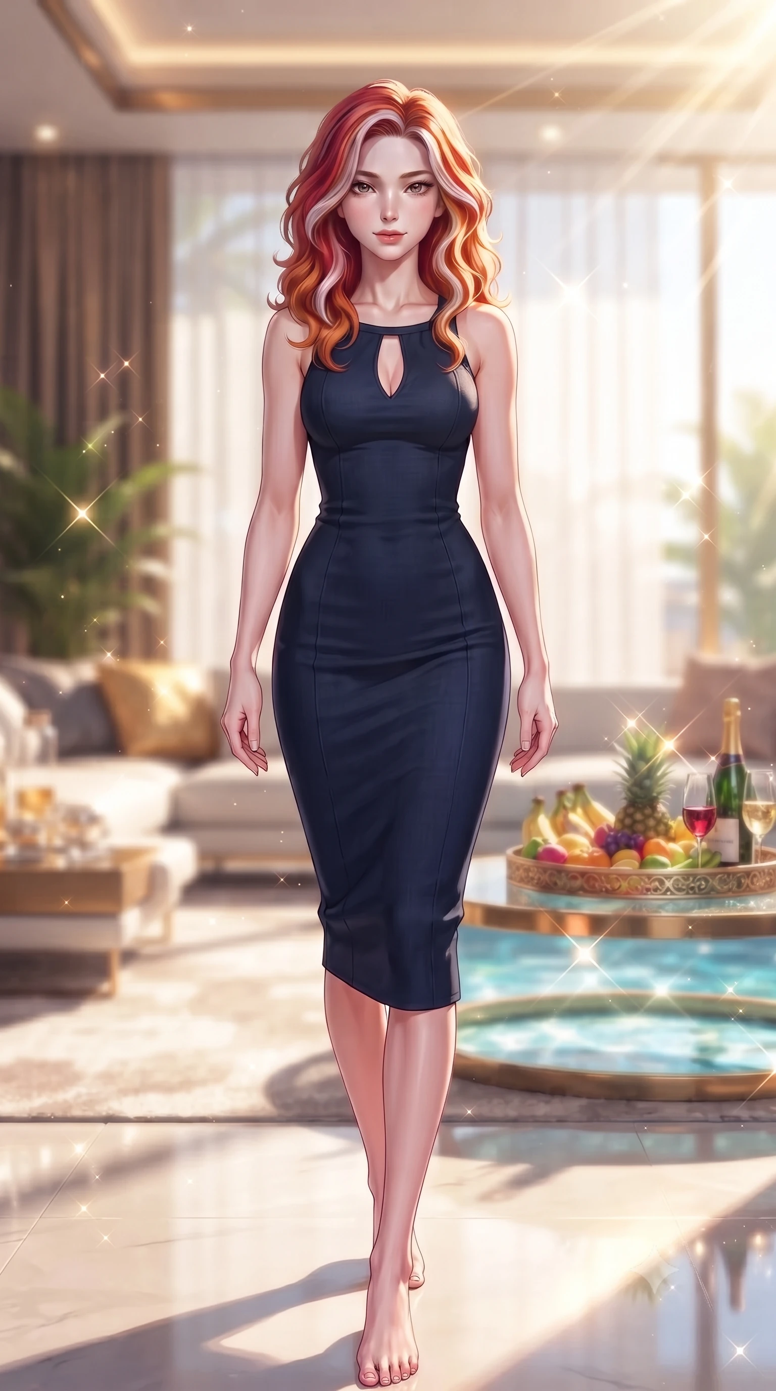 score_9, masterpiece, best quality, ultra-detailed, high-budget anime keyframe, editorial fashion photography, tasteful artistic composition, Caucasian woman. low angle full-body shot from head to toe showing her feet, filling the entire 9:16 vertical frame with her statuesque presence, stretching her vertical silhouette. striding forward with quiet confidence and a smoldering half-smile, holding intense eye contact with the viewer set against a soft-focus background of inside an exclusive cocktail lounge with a floating pool tray of tropical fruits and chilled wine in soft focus. She has an absolutely perfect, statuesque 8.5-heads proportion, an exceptionally tall and slender model-like female figure with impossibly long slender legs and an ultra-slim waist. sharp v-shaped jawline, high-bridge nose, intricate jewel-like eyes with depth, thick eyelashes, glossy lips with a natural sheen. wearing form-contouring midnight navy soft linen body-hugging knit midi dress with a tasteful keyhole neckline cutout and thin shoulder straps featuring refined tailored seams. lit by crisp morning sun rays creating sparkling glints on polished glass and water. highly saturated vibrant anime colors, detailed shading with soft gradients, rich glossy textures, high-contrast stereoscopic depth, volumetric dynamic lighting, master piece, 9:16 ratio