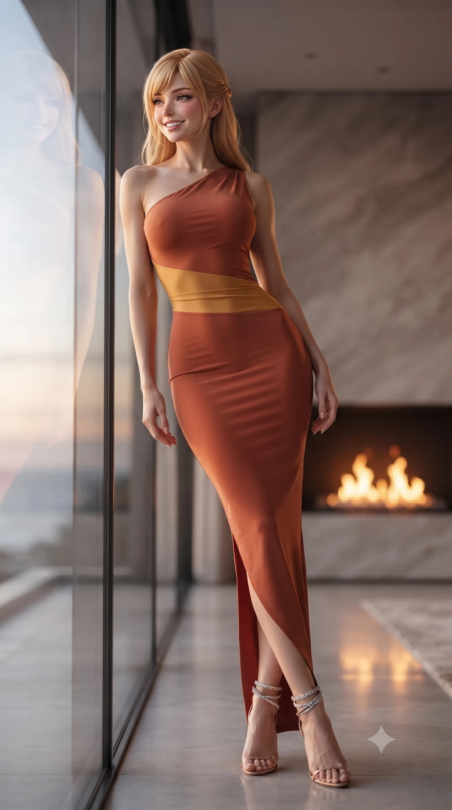 score_9, masterpiece, best quality, ultra-detailed, high-budget anime keyframe, editorial fashion photography, tasteful artistic composition, Caucasian woman. low angle full-body shot from head to toe showing her feet, filling the entire 9:16 vertical frame with her statuesque presence, stretching her vertical silhouette. lounging on the lavish daybed with legs crossed and hips angled toward the camera, displaying her toned midriff and long slender limbs with effortless siren poise while leaning against the frameless structural glass wall with hips cocked back, looking out where the Atlantic and Indian Oceans meet with heavy-lidded bedroom-eyes. The background shows a soft-focus dancing indoor fireplace flames softened in world-wonder sky penthouse shallow focus. She has an exceptionally tall and slender model-like 8.5-heads proportion, an ultra-slim waist, a flat toned midriff, narrow delicate ribcage, and beautifully sculpted feminine hips creating a graceful, slim hourglass silhouette without any bulky heaviness, with impossibly long slender legs. sharp v-shaped jawline, high-bridge nose, intricate jewel-like sparkling eyes with depth, thick eyelashes, glossy parted lips with a natural peach sheen, bright cheerful beaming smile with an enchanting and coquettish sensual glint, exuding both youthful cute charm and seductive allure, flawlessly proportioned anatomical accuracy, strict slender model proportions, natural body alignment, perfectly sculpted long slender limbs, ultra-slim waistline, clean dynamic posture without body distortion. wearing a liquid jersey asymmetrical one-shoulder gown with seamless sculpting hold adhering tightly to her silhouette in Florentine Renaissance Medici terracotta and warm gilded ochre, crafted from bespoke double-faced cashmere with an exceptionally soft tactile finish, complemented by strappy stiletto sandals with crystal ankle wraps accentuating her slender calves, the bespoke structured tailoring following the natural line of her 8.5-heads silhouette with refined elegance. illuminated by glass reflection bounce and sharp platinum-gold rim lights sculpting her razor-sharp jawline, narrow waist, and curvy hips. ultra-reflective glossy finish, specular highlights, rich textural contrasts, high-contrast stereoscopic depth, volumetric dynamic lighting, 2k, ultra detail, master piece, 9:16 ratio