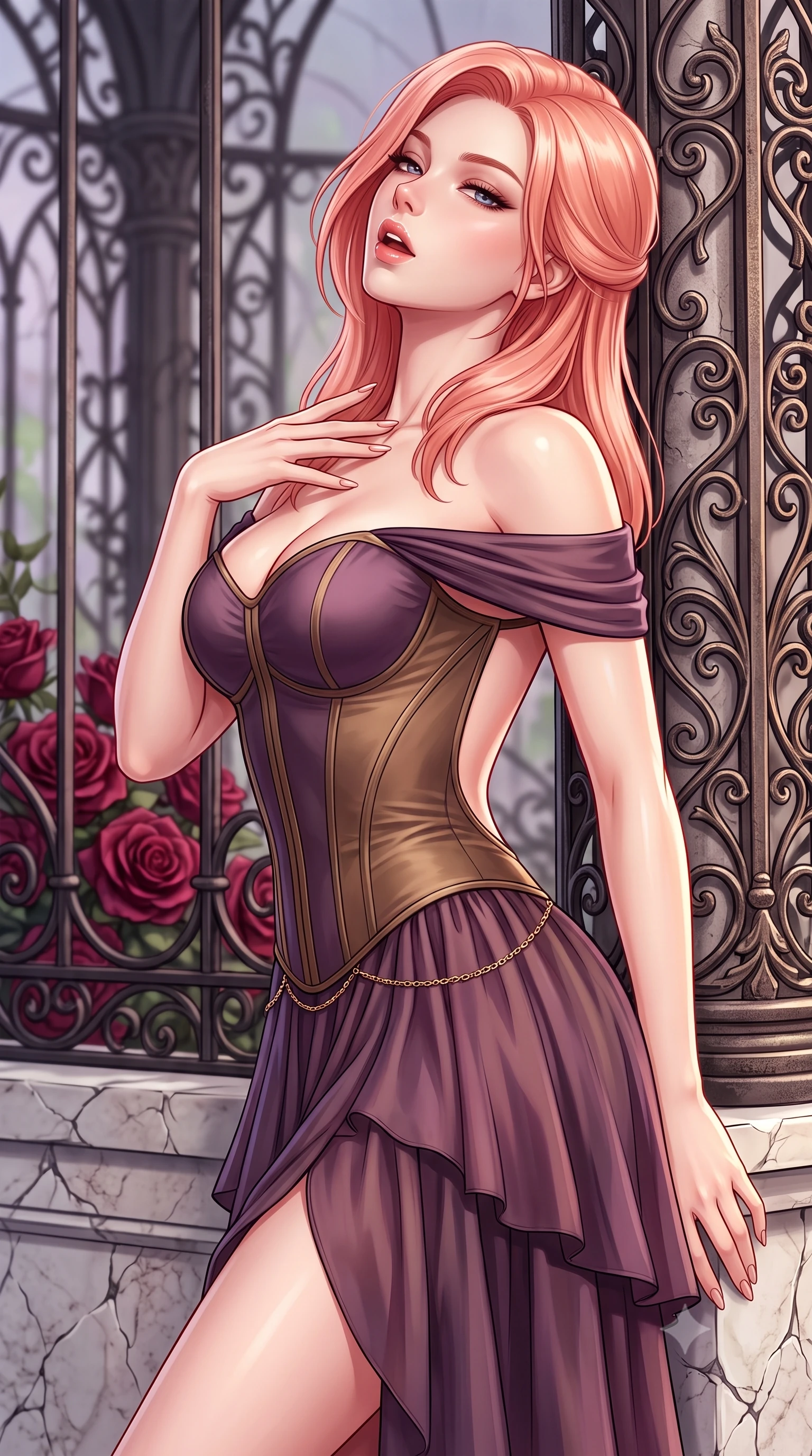 score_9, masterpiece, best quality, ultra-detailed, high-budget anime keyframe, semi-realistic 3D game render, editorial fashion photography, tasteful artistic composition, Japanese woman. close-up cowboy shot from the waist and thighs up, the character dominates the composition, filling the frame with her large presence. resting one manicured hand delicately on her bare collarbone, her upper body twisting in a fluid, voluptuous yet slender curve while leaning back against an ornate wrought-iron conservatory pillar, head tilted in ecstasy with parted glossy lips. The surrounding environment is rendered in vivid detail and crisp panoramic clarity. intricate wrought-iron filigree, velvet rose petal textures, and cracked marble masonry in sharp focus. She has an exceptionally elegant, slender, and willowy female figure with an ultra-slim waist, a gracefully sculpted slender torso, toned flat midriff, and a refined slim silhouette. sharp v-shaped jawline, high-bridge nose, intricate jewel-like eyes with depth, thick eyelashes, glossy parted lips with a natural sheen, intensely captivating and seductive expression, flawlessly proportioned anatomical accuracy, strict slender model proportions, natural body alignment, perfectly sculpted long slender limbs, ultra-slim waistline, clean dynamic posture without body distortion. wearing an off-shoulder Victorian corset bodice dress paired with a tiered gathered chiffon slit skirt in dusky plum violet and antique bronze, tailored from liquid silk jersey adhering flawlessly to her slender build, complemented by a delicate gold waist chain framing her ultra-slim silhouette, the dramatically scooped open back descending to the base of her spine, accentuating her razor-sharp statuesque lines and slim hourglass silhouette. surrounded by a seductive, aristocratic, and dangerously alluring vampire queen aura. highly saturated vibrant anime colors, detailed shading with soft gradients, rich glossy textures, high-contrast stereoscopic depth, volumetric dynamic lighting, master piece, 9:16 ratio