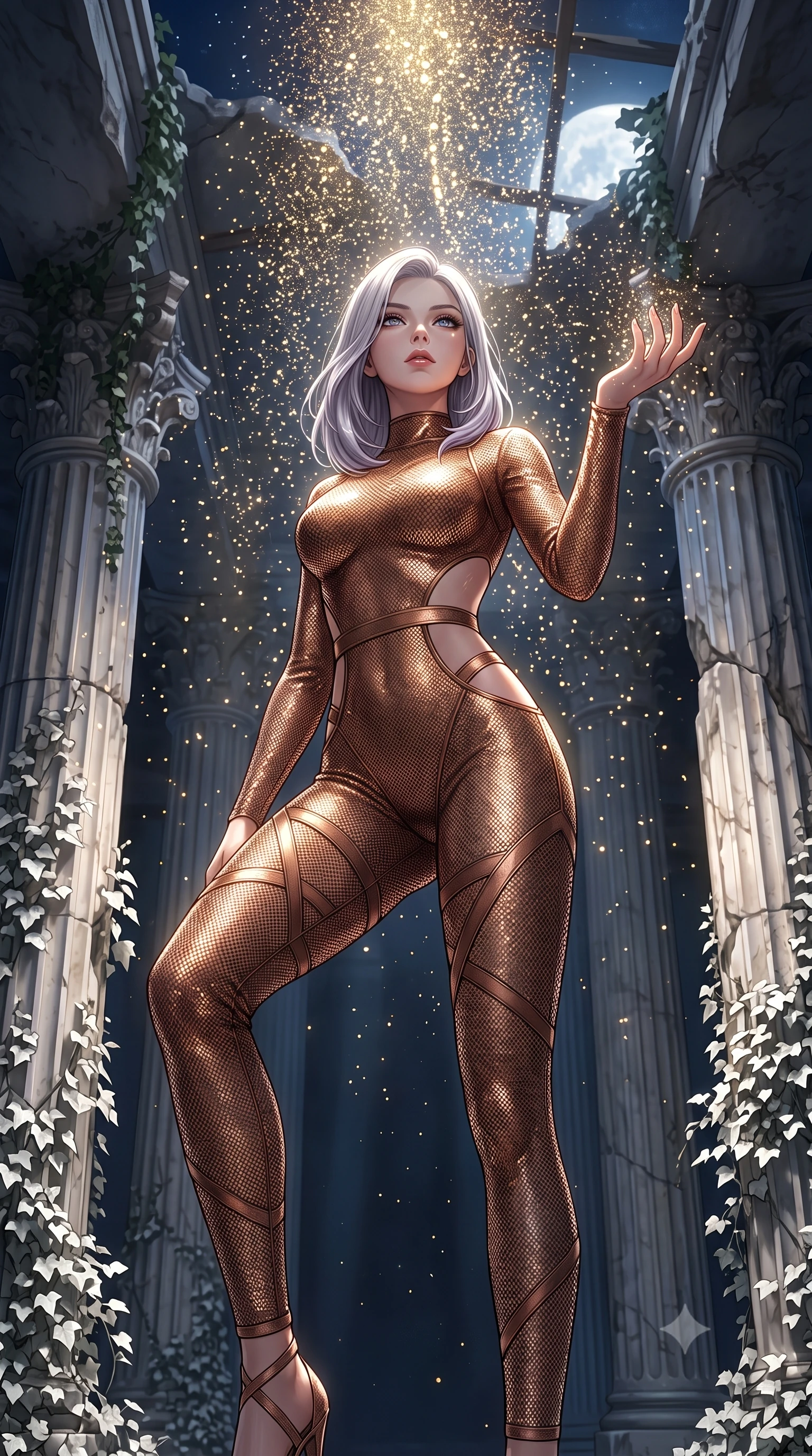 score_9, masterpiece, best quality, ultra-detailed, High-budget Anime Keyframe, Caucasian woman, strictly human ears. Low angle cowboy shot filling the entire 9:16 frame with her statuesque presence. Scenario 489: showering under a cascade of glittering gold stardust inside a moonlit ancient temple with collapsing marble pillars and white ivy. Her presence is magnetic and overpowering in this high-budget anime scene. Outfit 489: a tailored metallic copper micro-mesh lace catsuit with strategic waist cut-outs and slender leg straps. The clothing is designed to emphasize her exceptionally tall and slender 8-heads proportion. 8-heads proportion, towering silhouette, ultra-slim waist. sharp v-shaped jawline, intricate jewel-like eyes with depth, thick eyelashes, glossy lips. 2k, ultra detail, master piece, 9:16 ratio
