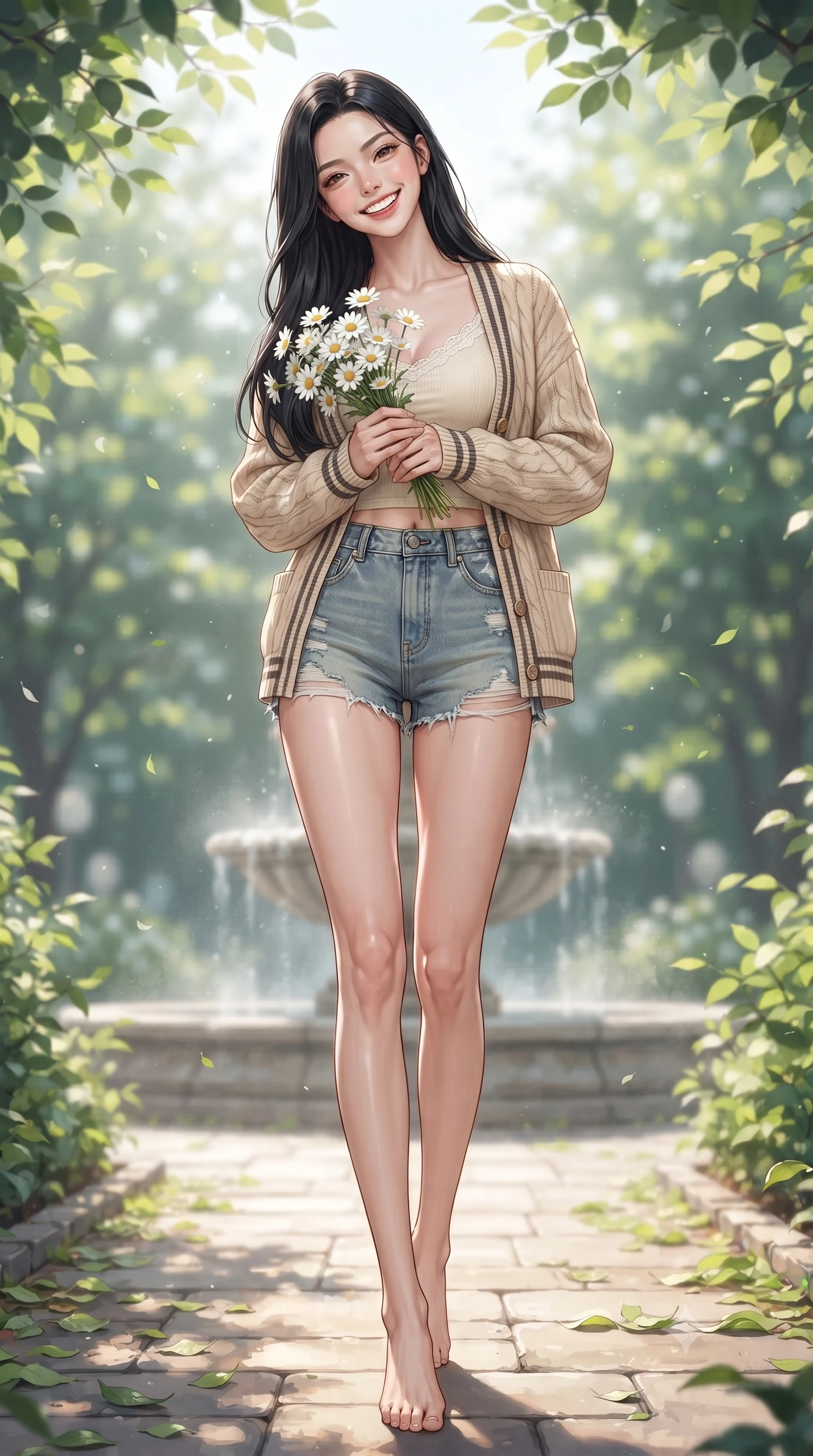 score_9, masterpiece, best quality, ultra-detailed, high-budget anime keyframe, editorial fashion photography, tasteful artistic composition, Korean woman. low angle full-body shot from head to toe showing her feet, filling the entire 9:16 vertical frame with her statuesque presence, stretching her vertical silhouette. standing with a cute, bright pose, tilting her head with a beaming smile set against a soft-focus background of walking down a leafy pathway of a quiet university garden with stone fountains while holding a delicate bouquet of white daisies. She has an absolutely perfect, statuesque 8.5-heads proportion, an exceptionally tall and slender model-like female figure with impossibly long slender legs and an ultra-slim waist. sharp v-shaped jawline, high-bridge nose, intricate jewel-like eyes with depth, thick eyelashes, glossy lips with a natural sheen. wearing slim-fit delicate lace-trim crop top in cream, worn under an open preppy cardigan and denim shorts. cool morning sunlight creating a fresh, energetic ambiance. ultra-reflective glossy finish, specular highlights, metallic sheen, high-contrast stereoscopic depth, volumetric dynamic lighting, 2k, ultra detail, master piece, 9:16 ratio
