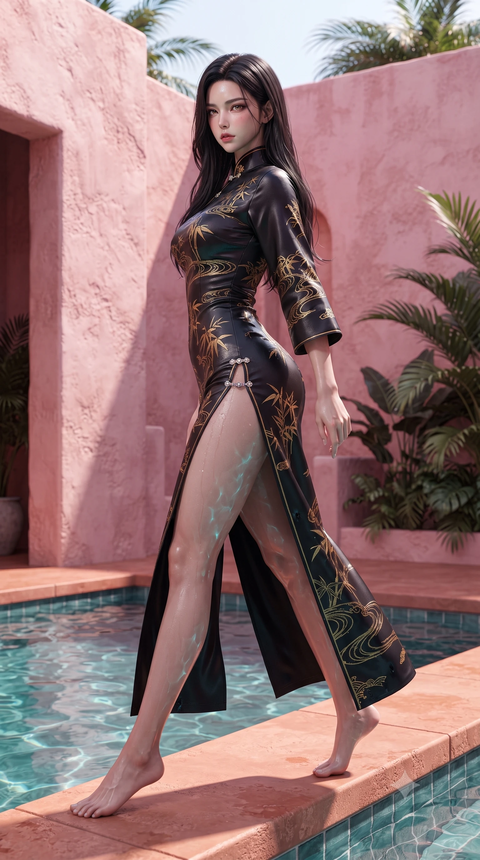 score_9, masterpiece, best quality, ultra-detailed, high-budget anime keyframe, editorial fashion photography, tasteful artistic composition, Korean woman. low angle full-body shot from head to toe showing her feet, filling the entire 9:16 vertical frame with her statuesque presence, stretching her vertical silhouette. posing with back turned slightly to the lens, glancing back with smoldering allure as she arches her lower back to emphasize her sculpted feminine hips and slender waist while striding along the water basin edge, her sleek minimalist gown clinging to her narrow waist and long slender legs. The surrounding environment is rendered in vivid detail and crisp panoramic clarity. sharp rough plaster stucco textures, water fountain surface caustics, and terracotta edge lines in deep focus. She has an exceptionally tall and slender model-like 8.5-heads proportion, an ultra-slim waist, a flat toned midriff, narrow delicate ribcage, and beautifully sculpted feminine hips creating a graceful, slim hourglass silhouette without any bulky heaviness, with impossibly long slender legs. sharp v-shaped jawline, high-bridge nose, intricate jewel-like eyes with depth, thick eyelashes, glossy parted lips with a natural sheen, intensely captivating and seductive bedroom-eyes expression, flawlessly proportioned anatomical accuracy, strict slender model proportions, natural body alignment, perfectly sculpted long slender limbs, ultra-slim waistline, clean dynamic posture without body distortion. wearing a delicate semi-translucent silk yukata that clings to her wet skin and curvy hip contours in midnight obsidian black and liquid gold, tailored from ultra-smooth duchess satin with a pearlescent sheen, finished with an ultra-high side slit secured by miniature jeweled clasps, the form-contouring material adhering flawlessly to her sculpted flat midriff and slender torso, emphasizing her long leg lines and perfectly proportioned willowy build. illuminated by luminous pink wall bounce light and turquoise pool reflections sharply sculpting her razor-sharp jawline, narrow waist, and curvy hips. ultra-reflective glossy finish, specular highlights, rich textural contrasts, high-contrast stereoscopic depth, volumetric dynamic lighting, 2k, ultra detail, master piece, 9:16 ratio