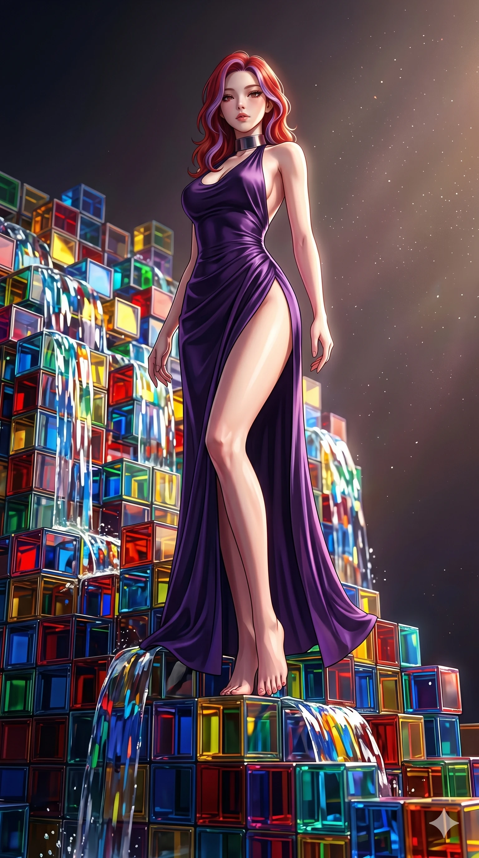 score_9, masterpiece, best quality, ultra-detailed, high-budget anime keyframe, Korean woman. low angle full-body shot filling the entire 9:16 frame with her statuesque presence, stretching the vertical silhouette. balancing on cubist glass blocks that cascade like a waterfall, reflecting complex mosaic patterns and primary colors. She has an absolutely perfect 8-heads proportion, an exceptionally tall and slender female figure with impossibly long slender legs and an ultra-slim waist. V-shaped jawline, high-bridge nose, intricate jewel-like eyes with depth, thick eyelashes, glossy lips with a natural sheen.. wearing a gothic liquid silk gown, featuring a deep purple liquid silk maxi gown draped around her, secured by a metallic choker collar, with a high side slit. illuminated by dramatic chiaroscuro casting soft shadows along her curves, with vibrant backlighting highlighting the dust particles. 2k, ultra detail, master piece, 9:16 ratio