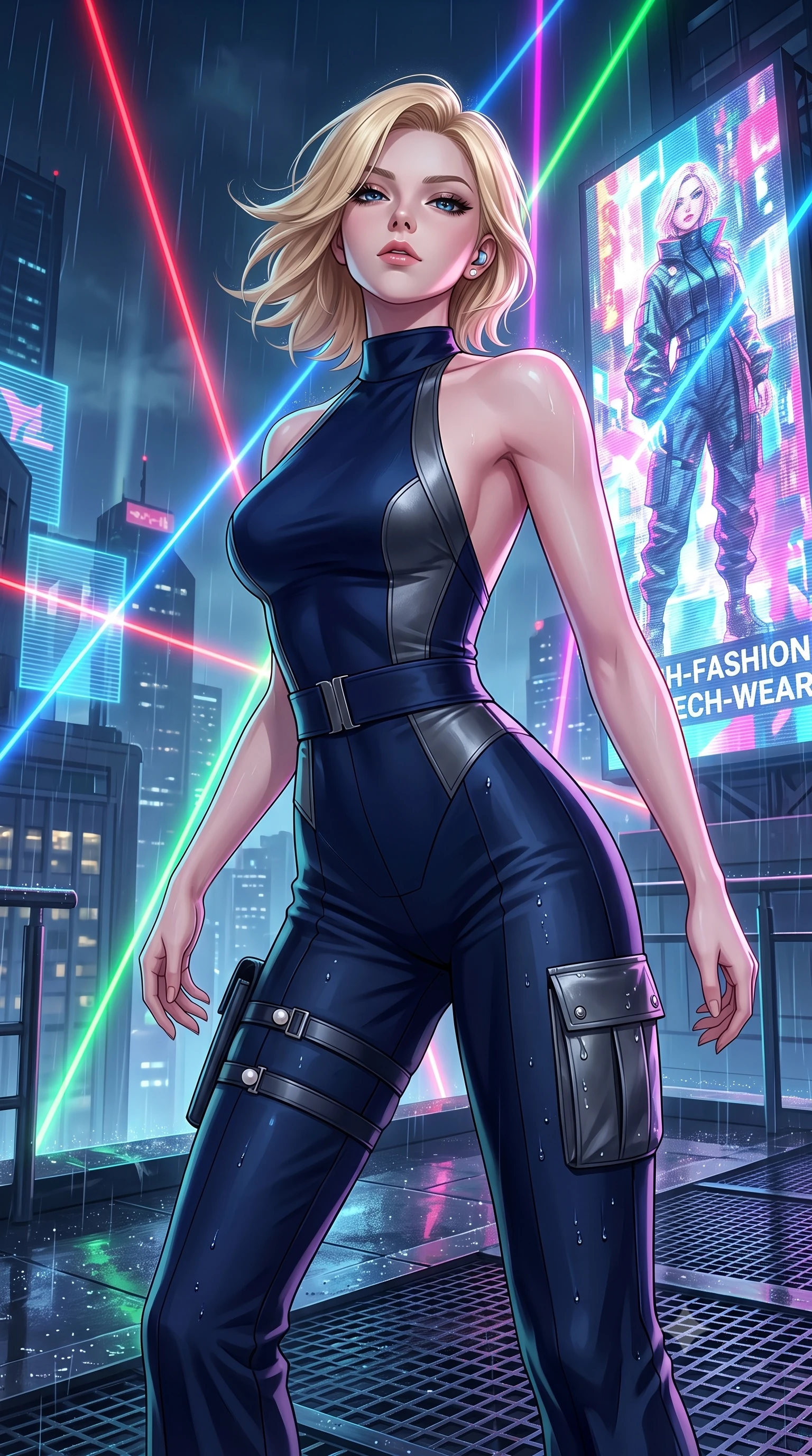 score_9, masterpiece, best quality, ultra-detailed, high-budget anime keyframe, semi-realistic 3D game render, editorial fashion photography, tasteful artistic composition, Caucasian woman. close-up cowboy shot from the waist and thighs up, the character dominates the composition, filling the frame with her large presence. tilting her chin up with proud, sovereign confidence while gazing directly into the lens with thick, dark eyelashes while dancing dynamically on a rain-slicked skyscraper rooftop amidst pulsating RGB laser beams and giant holographic billboards. The surrounding environment is rendered in vivid detail and crisp panoramic clarity. sharp holographic projection scanlines, rain droplets beaded on metallic cargo pants, and rooftop grating in deep focus. She has an exceptionally elegant, slender, and willowy female figure with an ultra-slim waist, a gracefully sculpted slender torso, toned flat midriff, and a refined slim silhouette. sharp v-shaped jawline, high-bridge nose, intricate jewel-like eyes with depth, thick eyelashes, glossy lips with a natural sheen, captivating and magnetic expression, flawlessly proportioned anatomical accuracy, strict slender model proportions, natural body alignment, perfectly sculpted long slender limbs, ultra-slim waistline, clean dynamic posture without body distortion. wearing a high-society undercover halter-neck jumpsuit with a tailored deep-V back and integrated tactical waist cincher in deep midnight blue and brushed gunmetal, tailored from fluid silk crepe with inner ballistic reinforcement, accessorized with a sleek concealed garter holster and pearl ear transmitter edition #19, the glove-like aerodynamic second-skin fit tightly clinging to her ultra-slender waist and athletic curves without adding bulk, accentuating her razor-sharp statuesque lines and slim hourglass silhouette. bathed in flashing RGB strobe lights and glowing holographic billboard backlighting. highly saturated vibrant anime colors, detailed shading with soft gradients, rich glossy textures, high-contrast stereoscopic depth, volumetric dynamic lighting, master piece, 9:16 ratio