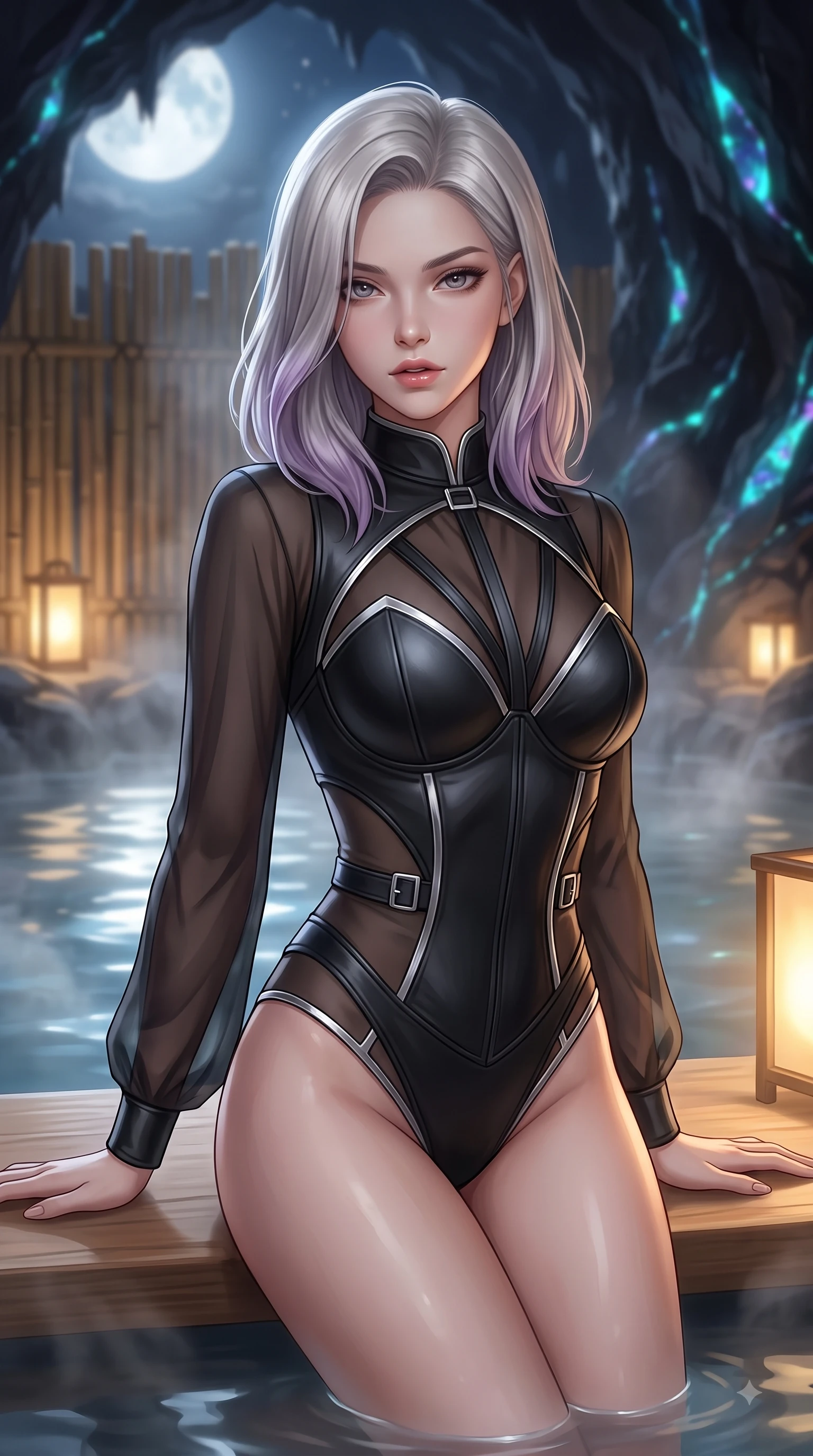score_9, masterpiece, best quality, ultra-detailed, high-budget anime keyframe, editorial fashion photography, tasteful artistic composition, Caucasian woman. close-up cowboy shot from the waist and thighs up, the character dominates the composition, filling the frame with her large presence, background elements kept in soft focus. Leaning forward gracefully with lips parted, casting a smoldering magnetic gaze directly into the lens while lounging on a smooth hinoki wood platform in a moonlit hot spring surrounded by bamboo screens, bioluminescent opal veins pulsing softly in the subterranean obsidian walls. She has an exceptionally elegant, slender, and willowy female figure with an ultra-slim waist, a gracefully sculpted slender torso, and a refined silhouette. sharp v-shaped jawline, high-bridge nose, intricate jewel-like eyes with depth, thick eyelashes, glossy lips with a natural sheen, flawlessly proportioned anatomical accuracy, natural body alignment, perfectly sculpted elegant limbs, clean dynamic posture without body distortion. wearing a tailored leather bustier over a sheer silk chiffon blouse in matte black and polished silver, crafted from smooth liquid silk, featuring clean architectural cutouts along her slender torso, the glove-like fit emphasizing her statuesque silhouette during motion. bathed in soft warm lantern light filtered through gentle thermal steam. ultra-reflective glossy finish, specular highlights, metallic sheen, high-contrast stereoscopic depth, volumetric dynamic lighting, 2k, ultra detail, master piece, 9:16 ratio