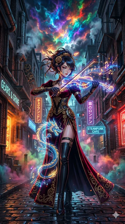 score_9, masterpiece, best quality, ultra-detailed, Set A: High-budget Anime Keyframe, Japanese woman. Upper body close-up from the thighs up, character filling the screen for maximum presence. Theme: Urban Decay. playing a holographic violin in a st