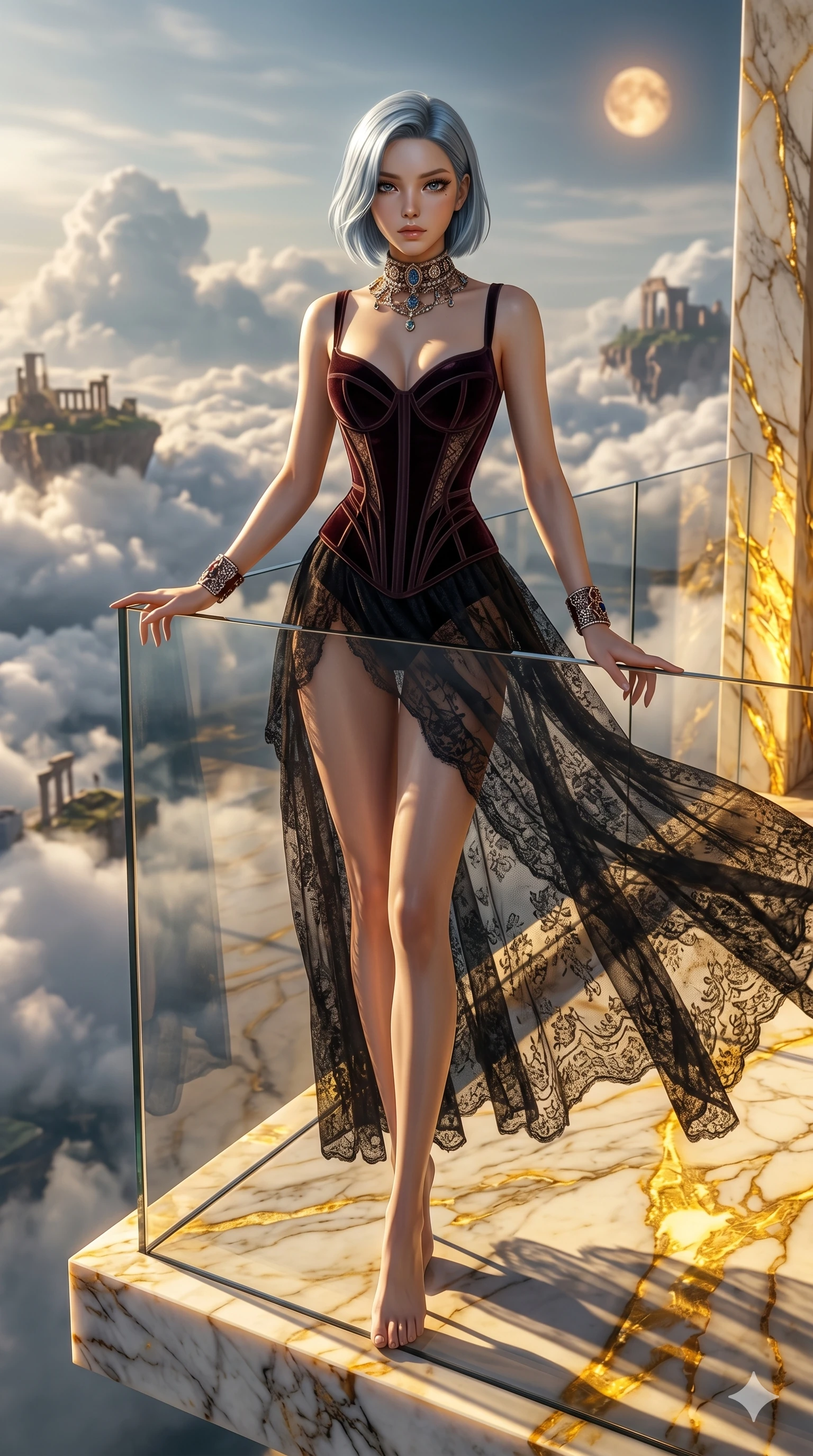 score_9, masterpiece, best quality, ultra-detailed, high-budget anime keyframe, editorial fashion photography, tasteful artistic composition, Korean woman. cowboy shot from the thighs up, character and outfit filling the frame for maximum editorial presence. resting her hands on the glass, looking with quiet self-assurance on a floating marble balcony above cloudscape (Code-P17-158). She has an absolutely perfect 8-heads proportion, an exceptionally tall and slender female figure with impossibly long slender legs and an ultra-slim waist. V-shaped jawline, high-bridge nose, intricate jewel-like eyes with depth, thick eyelashes, glossy lips with a natural sheen. wearing a dark velvet corset combined with a sheer lace skirt. golden light emanating from the mineral veins, creating a dramatic chiaroscuro effect. 2k, ultra detail, master piece, 9:16 ratio