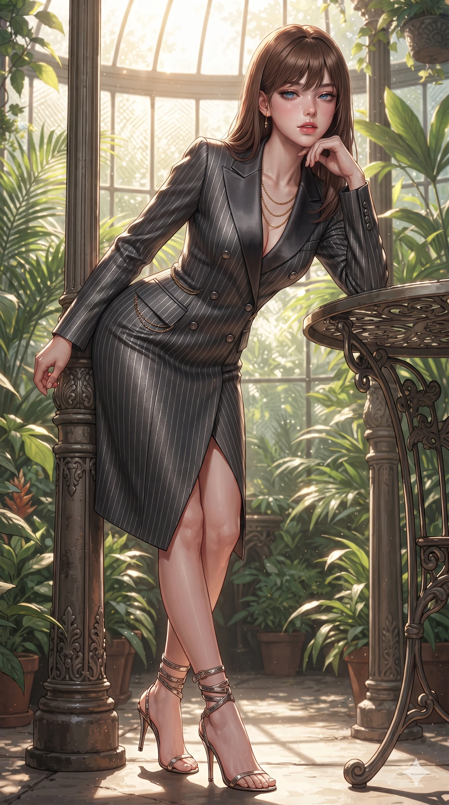 score_9, masterpiece, best quality, ultra-detailed, high-budget anime keyframe, editorial fashion photography, tasteful artistic composition, Korean woman. close-up cowboy shot from the waist and thighs up, the character dominates the composition, filling the frame with her large presence. resting one elbow on the table and supporting her chin, leaning close to the camera with heavy-lidded sparkling eyes and parted lips while leaning against the decorative cast-iron conservatory pillar with hips cocked back, gazing through the lush tropical foliage with smoldering eyes. The surrounding environment is rendered in vivid detail and crisp panoramic clarity: detailed semi-translucent wrap dress tailoring, delicate gold chain accents, and Victorian conservatory architecture in razor-sharp clarity. She has an exceptionally elegant, slender, and willowy female figure with an ultra-slim waist, flat toned midriff, narrow ribcage, and sculpted feminine hips creating an alluring, slim hourglass silhouette without bulk. sharp v-shaped jawline, high-bridge nose, intricate jewel-like sparkling eyes with depth, thick eyelashes, glossy parted lips with a natural sheen, intensely captivating and seductive bedroom-eyes expression, exuding both youthful cute charm and sovereign luxury allure, flawlessly proportioned anatomical accuracy, strict slender model proportions, natural body alignment, perfectly sculpted long slender limbs, ultra-slim waistline, clean dynamic posture without body distortion. wearing a tailored double-breasted tuxedo evening dress with structured satin lapels and metallic pinstripes in charcoal grey and polished chrome, woven from high-density tech-wool with subtle metallic thread weave, complemented by strappy stiletto sandals with metallic ankle wraps accentuating her slender calves, the impeccably tailored cut draping gracefully along her slender figure with aristocratic poise. bathed in the radiant, sun-drenched greenhouse light filtering through textured glass panes creating high-contrast dappled highlights. ultra-reflective glossy finish, specular highlights, rich textural contrasts, high-contrast stereoscopic depth, volumetric dynamic lighting, 2k, ultra detail, master piece, 9:16 ratio