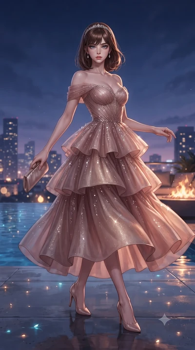 score_9, masterpiece, best quality, ultra-detailed, high-budget anime keyframe, editorial fashion photography, tasteful artistic composition, Korean woman. low angle full-body shot from head to toe showing her feet, filling the entire 9:16 vertical f