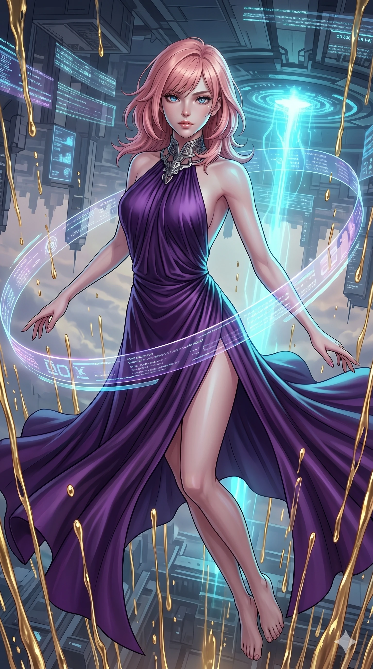 score_9, masterpiece, best quality, ultra-detailed, high-budget anime keyframe, editorial fashion photography, tasteful artistic composition, Japanese woman. upper body close-up from the thighs up, character filling the screen for maximum presence. gliding through under an inverted gravity field where liquid gold rain rises upward from the ground as floating holographic data ribbons swirl in a graceful orbit. She has an absolutely perfect 8-heads proportion, an exceptionally tall and slender female figure with impossibly long slender legs and an ultra-slim waist. V-shaped jawline, high-bridge nose, intricate jewel-like eyes with depth, thick eyelashes, glossy lips with a natural sheen.. wearing a gothic liquid silk gown, featuring a deep purple liquid silk maxi gown draped around her, secured by a metallic choker collar, with a high side slit. lit by a cool cybernetic cyan glow that highlights the contours of her slender form. 2k, ultra detail, master piece, 9:16 ratio