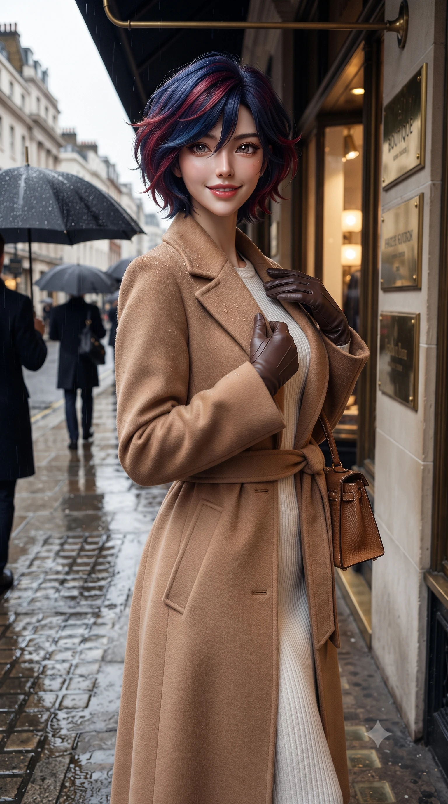 score_9, masterpiece, best quality, ultra-detailed, high-budget anime keyframe, editorial fashion photography, tasteful artistic composition, Korean woman. close-up cowboy shot from the waist and thighs up, the character dominates the composition, filling the frame with her large presence. resting one hand gracefully on her tailored blazer lapel while looking into the camera with bright, sparkling eyes while sheltering under the brass-trimmed boutique portico, brushing a raindrop from her lapel with effortless sartorial elegance. The surrounding environment is rendered in vivid detail and crisp panoramic clarity: sharp cobblestone pavement textures, fine water droplets beading on umbrella fabric, and brass shopfront plaques in deep focus. She has an exceptionally elegant, slender, and willowy female figure with an ultra-slim waist, flat toned midriff, narrow ribcage, and sculpted feminine hips creating an alluring, slim hourglass silhouette without bulk. sharp v-shaped jawline, high-bridge nose, intricate jewel-like sparkling eyes with depth, thick eyelashes, glossy parted lips with a natural peach sheen, bright cheerful beaming smile with an enchanting and coquettish sensual glint, exuding both youthful cute charm and seductive allure, flawlessly proportioned anatomical accuracy, strict slender model proportions, natural body alignment, perfectly sculpted long slender limbs, ultra-slim waistline, clean dynamic posture without body distortion. wearing a tailored belted cashmere wrap coat in warm camel layered over a fine ribbed knit midi dress in Swiss alpine snow white and oat cashmere, crafted from fluid mulberry silk twill with an understated lustrous pearl finish, finished with a structured leather top-handle mini bag resting gracefully at her side, the bespoke architectural tailoring hugging her natural waistline with sartorial precision, creating a clean graceful hourglass silhouette with tall model elegance. bathed in diffused London overcast sky light contrasted with warm incandescent shopfront display illumination. ultra-reflective glossy finish, specular highlights, rich textural contrasts, high-contrast stereoscopic depth, volumetric dynamic lighting, 2k, ultra detail, master piece, 9:16 ratio