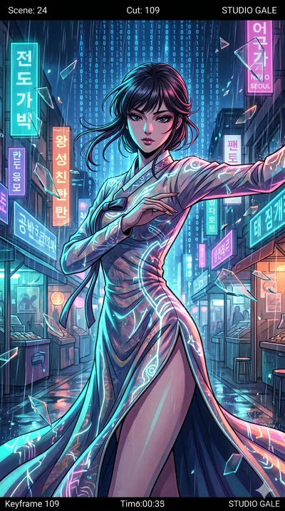 score_9, masterpiece, best quality, ultra-detailed, Set A: High-budget Anime Keyframe, Korean woman. Upper body close-up from the thighs up, character filling the screen for maximum presence. Dancing through a neon-lit Neo-Seoul market, while a digit
