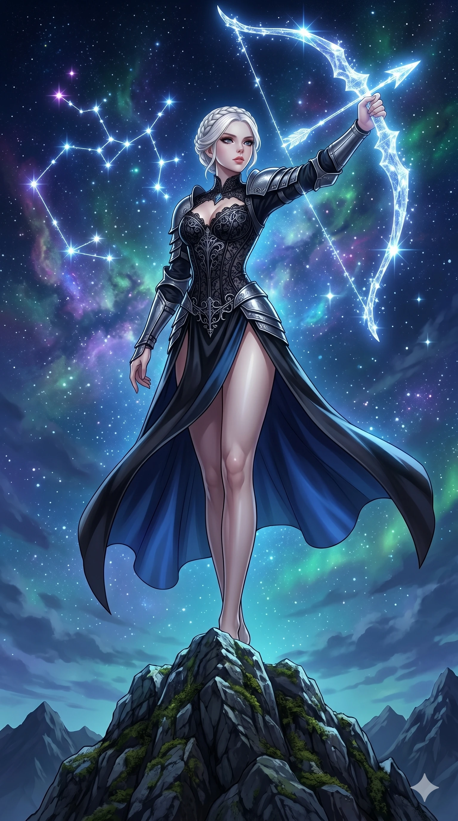 score_9, masterpiece, best quality, ultra-detailed, High-budget Anime Keyframe, beautiful Caucasian anime girl (strictly human ears). Low angle cowboy shot filling the entire 9:16 frame with her statuesque presence. Summoning a bow and arrow made of pure starlight on a jagged mountain peak. She has an absolutely perfect 8-heads proportion, an exceptionally tall and slender female figure with impossibly long slender legs and an ultra-slim waist. Sharp v-shaped jawline, high-bridge nose, intricate jewel-like eyes with depth, thick eyelashes, glossy lips with a natural sheen. Wearing a Dark Fantasy outfit: gothic black lace corset with silver plate armor and a high-slit silk skirt. Background is a bright and colorful night sky with a glowing constellation bow and vibrant stars. 2k, ultra detail, master piece, 9:16 ratio