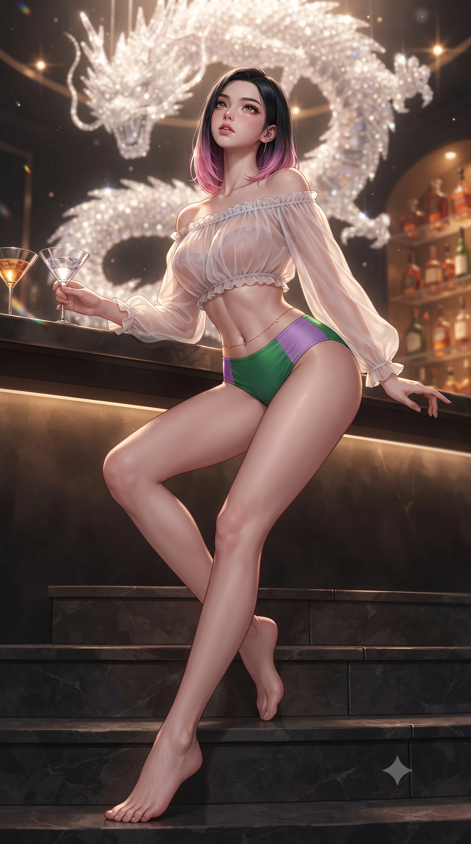 score_9, masterpiece, best quality, ultra-detailed, high-budget anime keyframe, editorial fashion photography, tasteful artistic composition, Korean woman. low angle full-body shot from head to toe showing her feet, filling the entire 9:16 vertical frame with her statuesque presence, stretching her vertical silhouette. sitting poised on the stone steps with one knee bent, arching her spine with supermodel elegance as she glances upward through thick eyelashes while leaning forward over the bar with hips cocked back, toying with a crystal martini glass while casting an intoxicating bedroom-gaze. The background shows a soft-focus the colossal glittering crystal dragon suspended from the ceiling and shelves of rare vintage liquors blurred into amber, topaz, and champagne bokeh. She has an absolutely perfect, statuesque 8.5-heads proportion, an exceptionally tall and slender model-like female figure with impossibly long slender legs, an ultra-slim waist, a flat toned midriff, narrow delicate ribcage, and beautifully sculpted feminine hips creating a graceful, slim hourglass silhouette without any bulky heaviness. sharp v-shaped jawline, high-bridge nose, sparkling eyes with hypnotic seductive depth, thick curled eyelashes, glossy parted lips with a natural dewy peach sheen, alluring bedroom-eyes with an enchanting coquettish smile, exuding magnetic siren charisma and sophisticated glamour, flawlessly proportioned anatomical accuracy, strict slender model proportions, natural body alignment, perfectly sculpted long slender limbs, ultra-slim waistline, clean dynamic posture without body distortion. wearing an off-the-shoulder sheer peasant crop blouse with ruched neckline paired with tight high-waisted linen briefs in vibrant jungle monstera green and dewy orchid lavender, made of sheer gossamer chiffon that drapes softly against skin with airy translucence, accented with a dainty gold belly chain resting across her flat midriff and curving hips, the liquid-tight tailored fabric clinging flawlessly to her narrow waist and rounded feminine hips, emphasizing every millimeter of her sculpted slim hourglass curves without any bulky heaviness. illuminated by crystal chandelier refractions and sharp warm-gold rim lights sculpting her jawline, ultra-slim waist, and curvy hips. ultra-reflective glossy finish, specular highlights, rich textural contrasts, high-contrast stereoscopic depth, volumetric dynamic lighting, 2k, ultra detail, master piece, 9:16 ratio