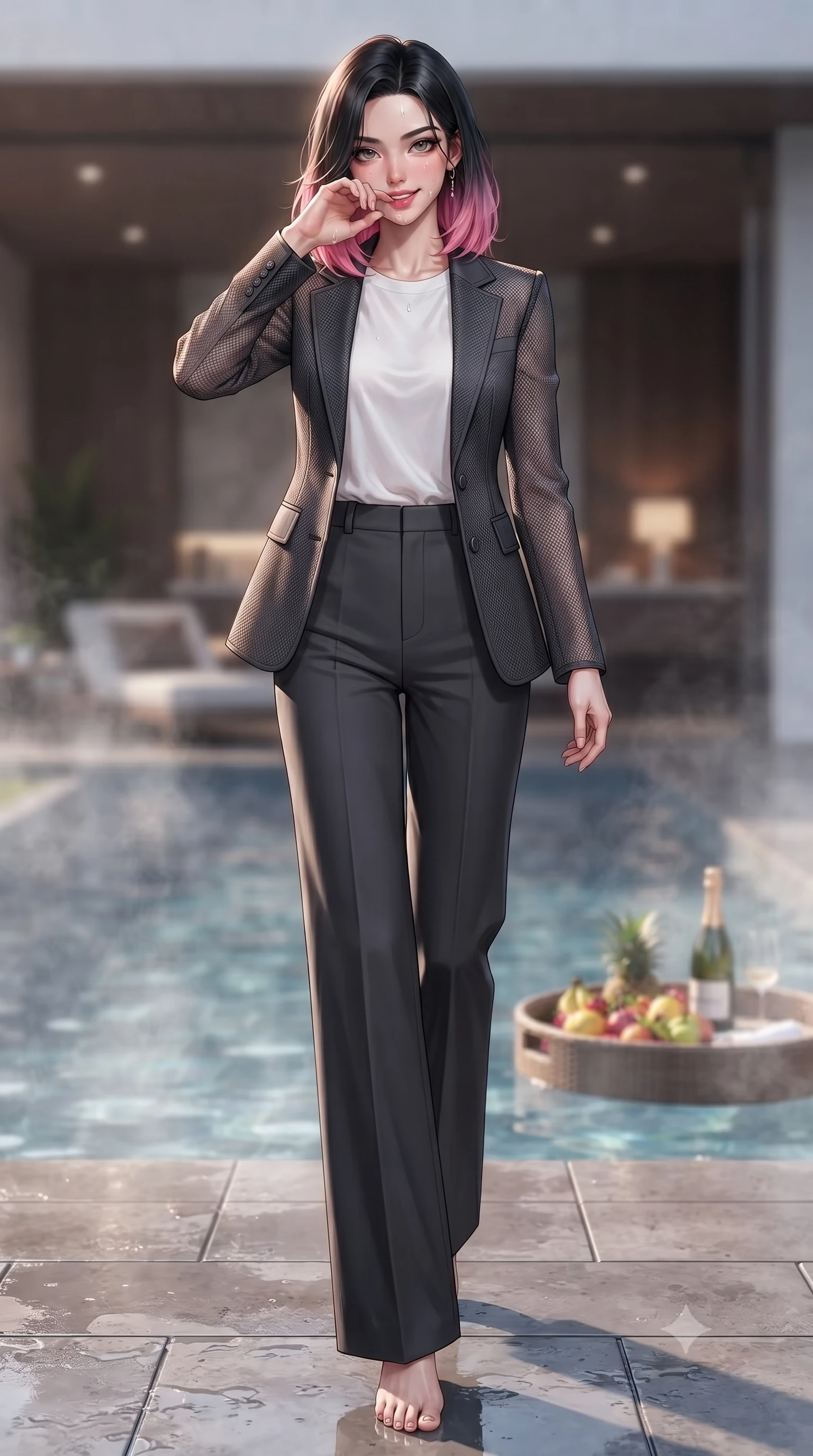 score_9, masterpiece, best quality, ultra-detailed, high-budget anime keyframe, editorial fashion photography, tasteful artistic composition, Korean woman. low angle full-body shot from head to toe showing her feet, filling the entire 9:16 vertical frame with her statuesque presence, stretching her vertical silhouette. stepping forward from the steamy pool edge, wiping away water droplets with a playful and sensual smile set against a soft-focus background of inside an exclusive vanity suite with a floating pool tray of tropical fruits and chilled wine in soft focus. She has an absolutely perfect, statuesque 8.5-heads proportion, an exceptionally tall and slender model-like female figure with impossibly long slender legs and an ultra-slim waist. sharp v-shaped jawline, high-bridge nose, intricate jewel-like eyes with depth, thick eyelashes, glossy lips with a natural sheen. wearing form-contouring charcoal contouring mesh tailored casual blazer paired with a loose tee and wide-leg trousers featuring refined tailored seams. accented by a single dramatic key light highlighting her statuesque posture and slim waist. highly saturated vibrant anime colors, detailed shading with soft gradients, rich glossy textures, high-contrast stereoscopic depth, volumetric dynamic lighting, master piece, 9:16 ratio