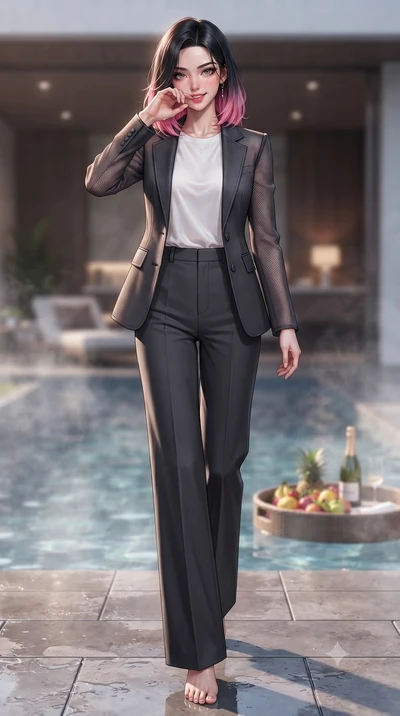 score_9, masterpiece, best quality, ultra-detailed, high-budget anime keyframe, editorial fashion photography, tasteful artistic composition, Korean woman. low angle full-body shot from head to toe showing her feet, filling the entire 9:16 vertical f