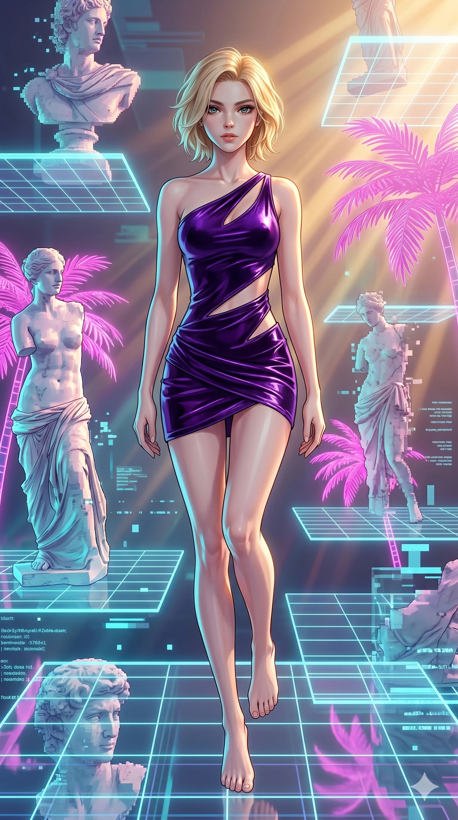 score_9, masterpiece, best quality, ultra-detailed, high-budget anime keyframe, Japanese woman. low angle full-body shot filling the entire 9:16 frame with her statuesque presence, stretching the vertical silhouette. drifting through a holographic vaporwave oasis with floating grid floors, lo-fi marble statues, and glowing pink palms. She has an absolutely perfect 8-heads proportion, an exceptionally tall and slender female figure with impossibly long slender legs and an ultra-slim waist. V-shaped jawline, high-bridge nose, intricate jewel-like eyes with depth, thick eyelashes, glossy lips with a natural sheen.. wearing an asymmetric liquid velvet slip dress, featuring a wet-look deep purple velvet one-shoulder mini slip with slanted slashed cutouts. showcasing a beautiful play of light and shadow, with warm golden rays clashing against cool cyan highlights. 2k, ultra detail, master piece, 9:16 ratio