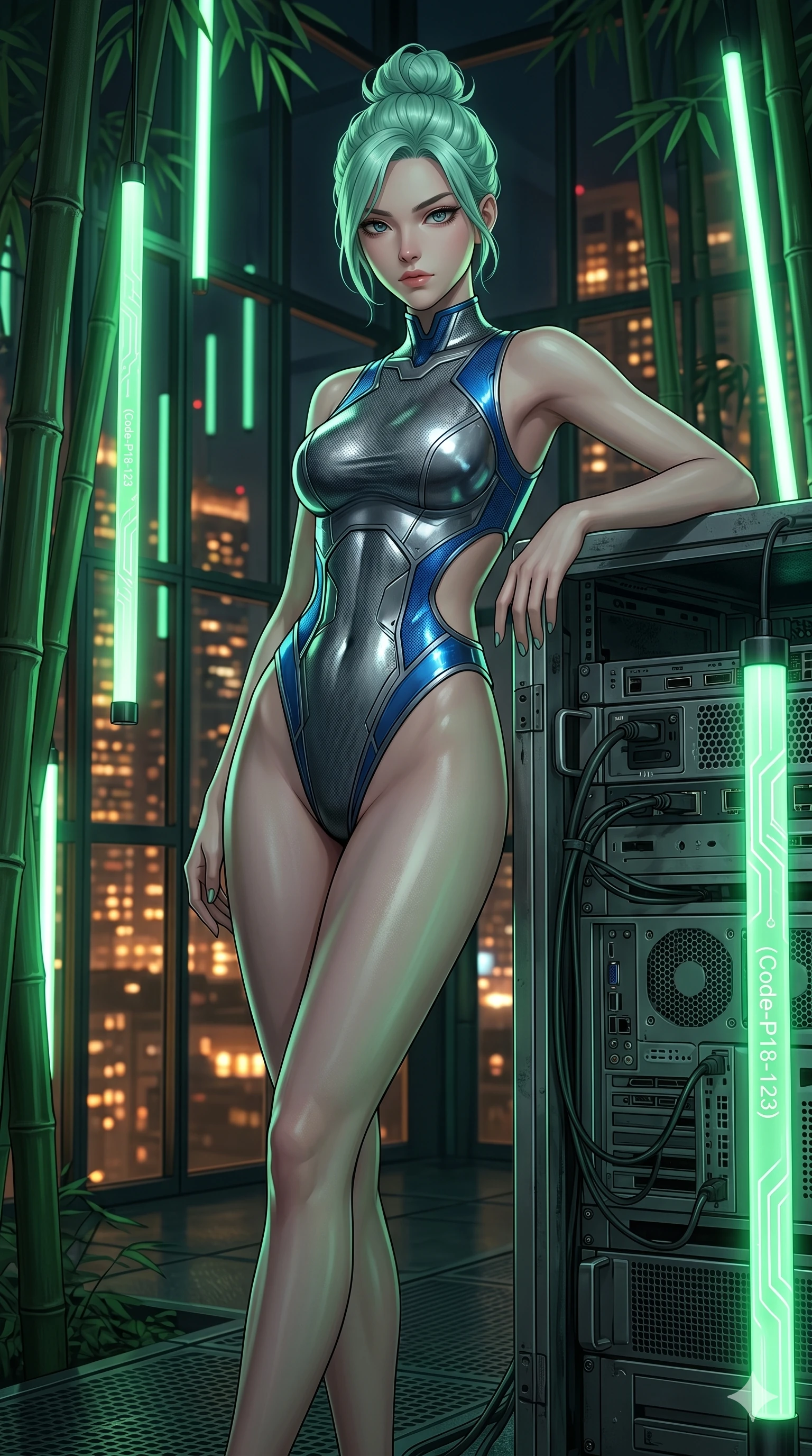 score_9, masterpiece, best quality, ultra-detailed, high-budget anime keyframe, editorial fashion photography, tasteful artistic composition, Japanese woman. cowboy shot from the thighs up, character and outfit filling the frame for maximum editorial presence. leaning against a metal server rack, casting a cool, superior gaze inside a quiet bamboo grove illuminated by glowing green vertical light rods (Code-P18-123). She has an absolutely perfect 8-heads proportion, an exceptionally tall and slender female figure with impossibly long slender legs and an ultra-slim waist. V-shaped jawline, high-bridge nose, intricate jewel-like eyes with depth, thick eyelashes, glossy lips with a natural sheen. wearing a wet-look bodysuit with side cutouts and high-cut leg lines. warm glowing city lights filtering through the glass, outlining her V-shaped jawline. 2k, ultra detail, master piece, 9:16 ratio