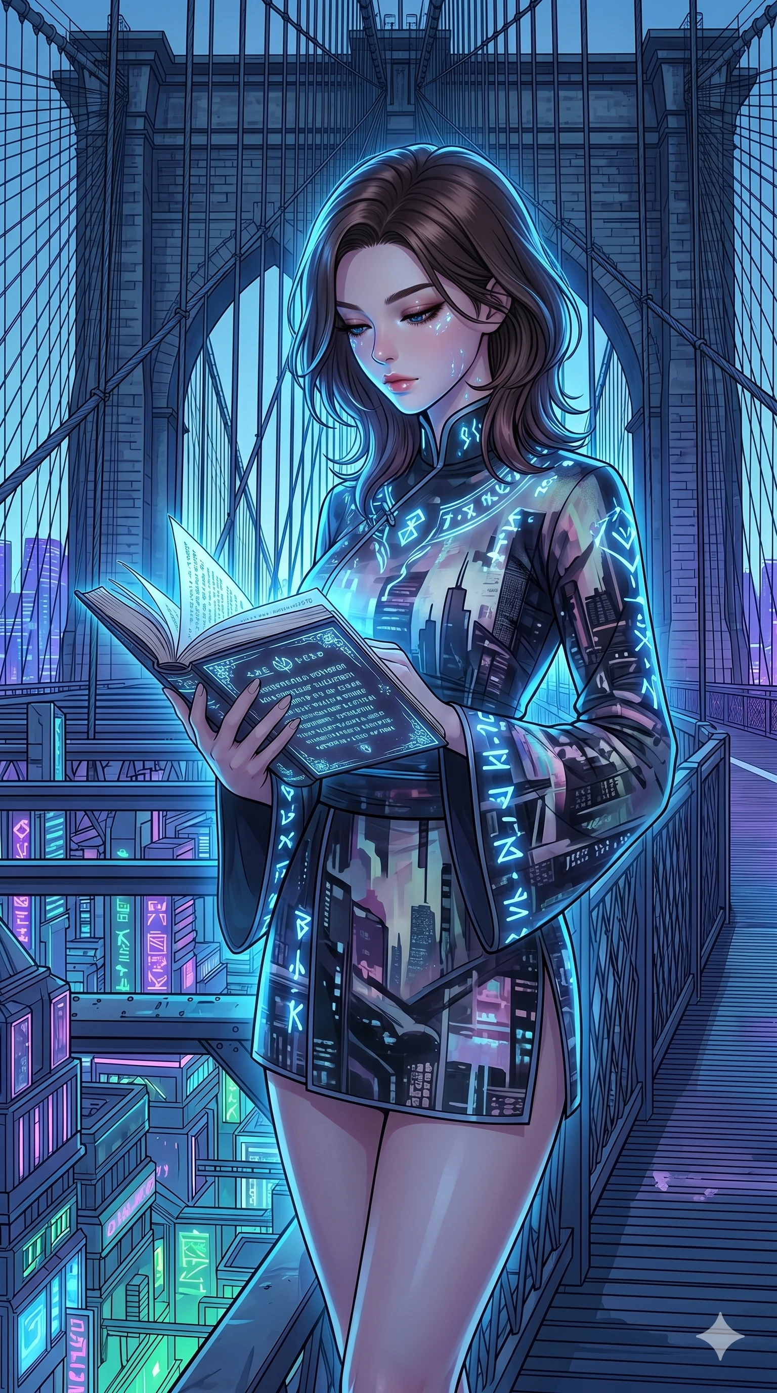 score_9, masterpiece, best quality, ultra-detailed, high-budget anime keyframe, editorial fashion photography, tasteful artistic composition, Korean woman. cowboy shot from the thighs up, character and outfit filling the frame for maximum editorial presence. holding an open book, looking down with lowered lashes on a steel suspension bridge overlooking a sprawling neon city at night (Code-P18-064). She has an absolutely perfect 8-heads proportion, an exceptionally tall and slender female figure with impossibly long slender legs and an ultra-slim waist. V-shaped jawline, high-bridge nose, intricate jewel-like eyes with depth, thick eyelashes, glossy lips with a natural sheen. wearing a modern high-neck fusion kimono with long sleeves. mystical blue light from the runes, casting a cool glowing highlight on her face. 2k, ultra detail, master piece, 9:16 ratio