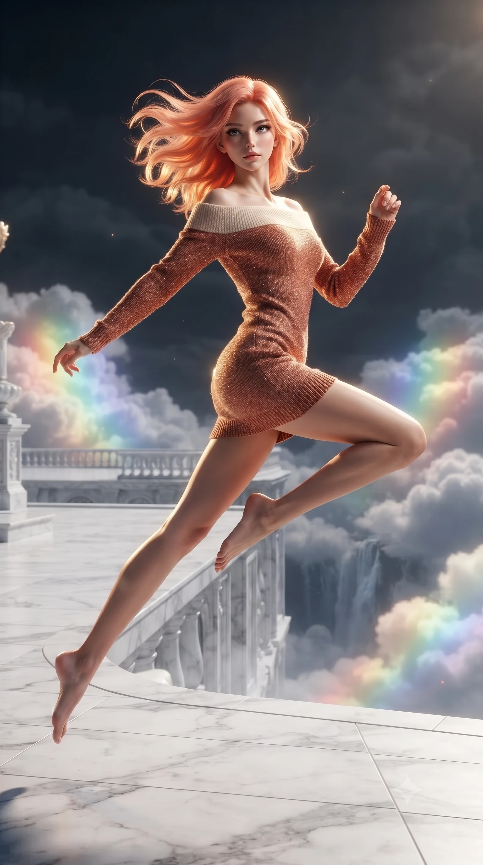 score_9, masterpiece, best quality, ultra-detailed, high-budget anime keyframe, editorial fashion photography, tasteful artistic composition, realistic cosplay photography, Japanese woman. low angle full-body shot from head to toe showing her feet, filling the entire 9:16 vertical frame with her statuesque presence, stretching her vertical silhouette. leaping dynamically high in the air while slicing forward with wind-whipped hair through a palace terrace made of white marble, surrounded by clouds that glow with internal rainbow gradients. She has a statuesque 8.5-heads proportion, an exceptionally tall, slender and willowy model-like build with impossibly long legs and a highly sculpted ultra-slim waist. sharp v-shaped jawline, high-bridge nose, intricate jewel-like eyes with depth, thick eyelashes, glossy lips with a natural sheen. wearing catching and diffusing the glowing particles, shimmering softly in response to the surrounding light, a slim-fit off-shoulder fitted sweater dress in a two-tone weave of terracotta and cream wool, conforming to her slender willowy silhouette. dramatic chiaroscuro with a single golden key light sculpting her silhouette. ultra-reflective glossy finish, specular highlights, metallic sheen, high-contrast stereoscopic depth, volumetric dynamic lighting, 2k, ultra detail, master piece, 9:16 ratio
