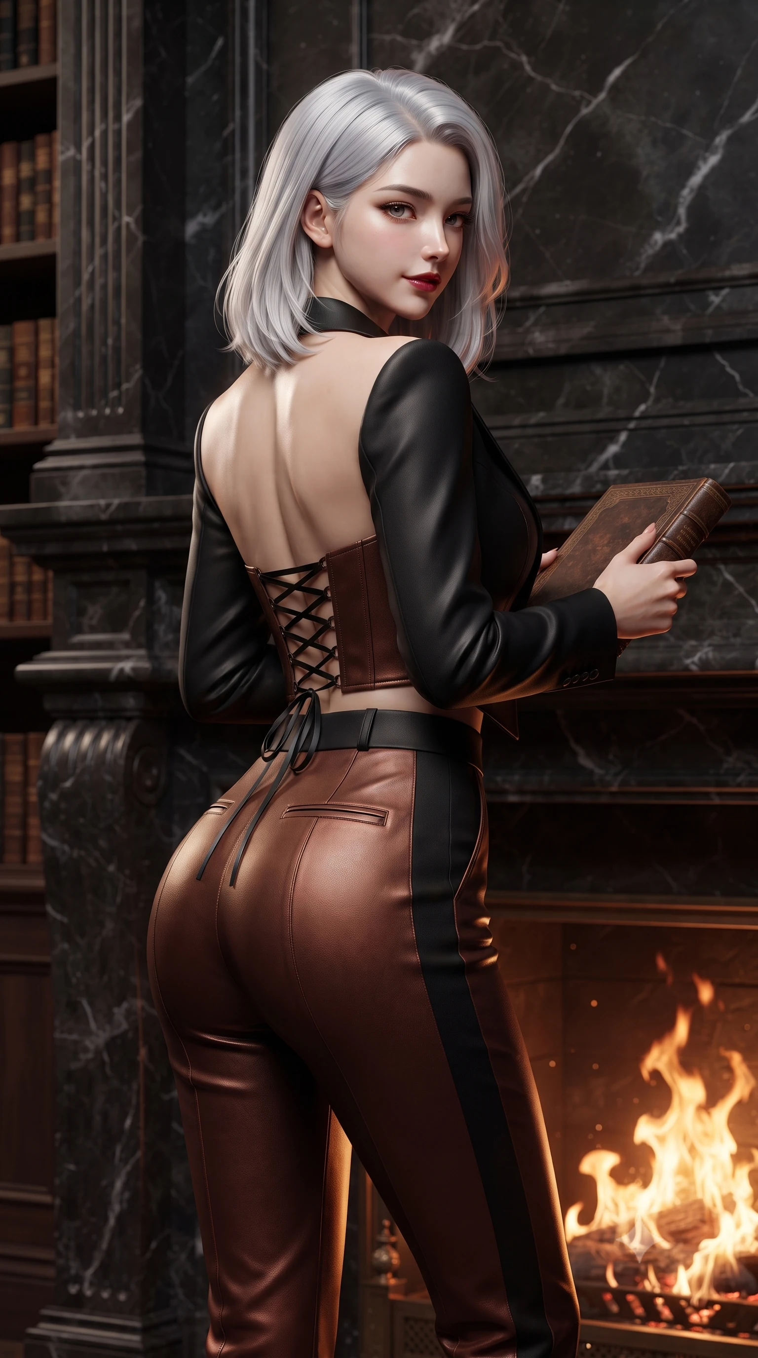 score_9, masterpiece, best quality, ultra-detailed, high-budget anime keyframe, editorial fashion photography, tasteful artistic composition, Korean woman. close-up cowboy shot from the waist and thighs up, the character dominates the composition, filling the frame with her large presence. posing in an alluring rear three-quarter angle, turning over a bare shoulder with an intoxicating, smoldering gaze, her hips cocked back to highlight her slim hourglass curve while leaning against the dark marble mantelpiece with hips cocked back, holding a leather-bound book while casting a devastating, intelligent bedroom-gaze. The surrounding environment is rendered in vivid detail and crisp panoramic clarity. detailed knit or velvet outfit texture, golden firelight sheen on skin, and stately library architecture in high clarity. She has an exceptionally elegant, slender, and willowy female figure with an ultra-slim waist, flat toned midriff, narrow ribcage, and sculpted feminine hips creating an alluring, slim hourglass silhouette without bulk. sharp v-shaped jawline, high-bridge nose, intricate jewel-like dark sparkling eyes with dangerous depth, thick curled eyelashes, glossy parted lips with a rich wine sheen, smoldering seductive half-smile with bedroom-eyes, exuding effortless superiority and intoxicating dark allure, flawlessly proportioned anatomical accuracy, strict slender model proportions, natural body alignment, perfectly sculpted long slender limbs, ultra-slim waistline, clean dynamic posture without body distortion. wearing a tailored cropped midnight-black tuxedo blazer worn over a structured bustier top and high-waisted cigarette trousers in dark burnt copper and matte black, made of supple butter-soft lambskin leather with a subtle satin sheen, featuring a dramatic criss-cross satin back lacing tracing her slender spine, the precision-cut side openings and low-back scoop framing her graceful spine and the sensual sweep of her slim, toned hips. bathed in dynamic dancing orange and amber firelight from the roaring hearth. ultra-reflective glossy finish, specular highlights, rich textural contrasts, high-contrast stereoscopic depth, volumetric dynamic lighting, 2k, ultra detail, master piece, 9:16 ratio