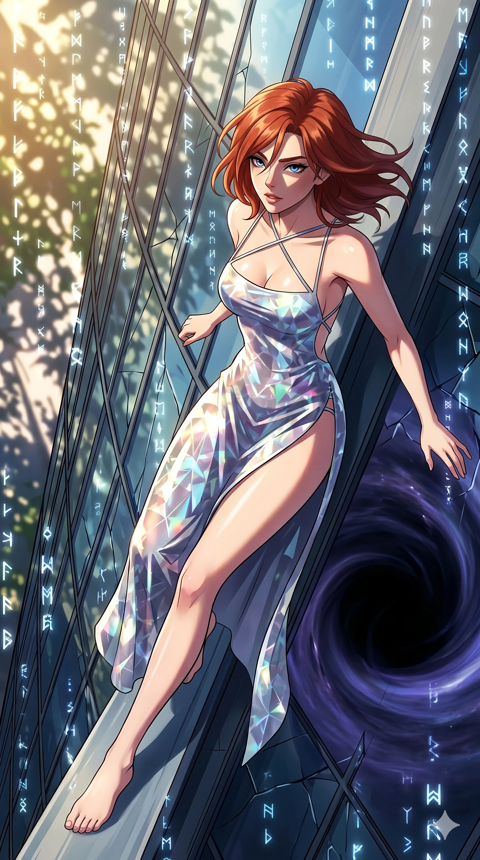 score_9, masterpiece, best quality, ultra-detailed, Set A: High-budget Anime Keyframe, Caucasian (human ears) woman. Upper body close-up from the thighs up, character filling the screen for maximum presence. Theme: Historical Remix. sliding down a glass skyscraper in the edge of a black hole, as a digital rain of 27 symbols washes over her. The atmosphere is filled with cinematic sunlight through leaves. She has an absolutely perfect 8-heads proportion, an exceptionally tall and slender female figure with impossibly long slender legs and an ultra-slim waist. Sharp v-shaped jawline, high-bridge nose, intricate jewel-like eyes with depth, glossy lips. Wearing Liquid-diamond texture dress with an impossibly high side slit and silver straps. Cinematic lighting, vivid colors, dramatic shadows, 2k, ultra detail, master piece, 9:16 ratio