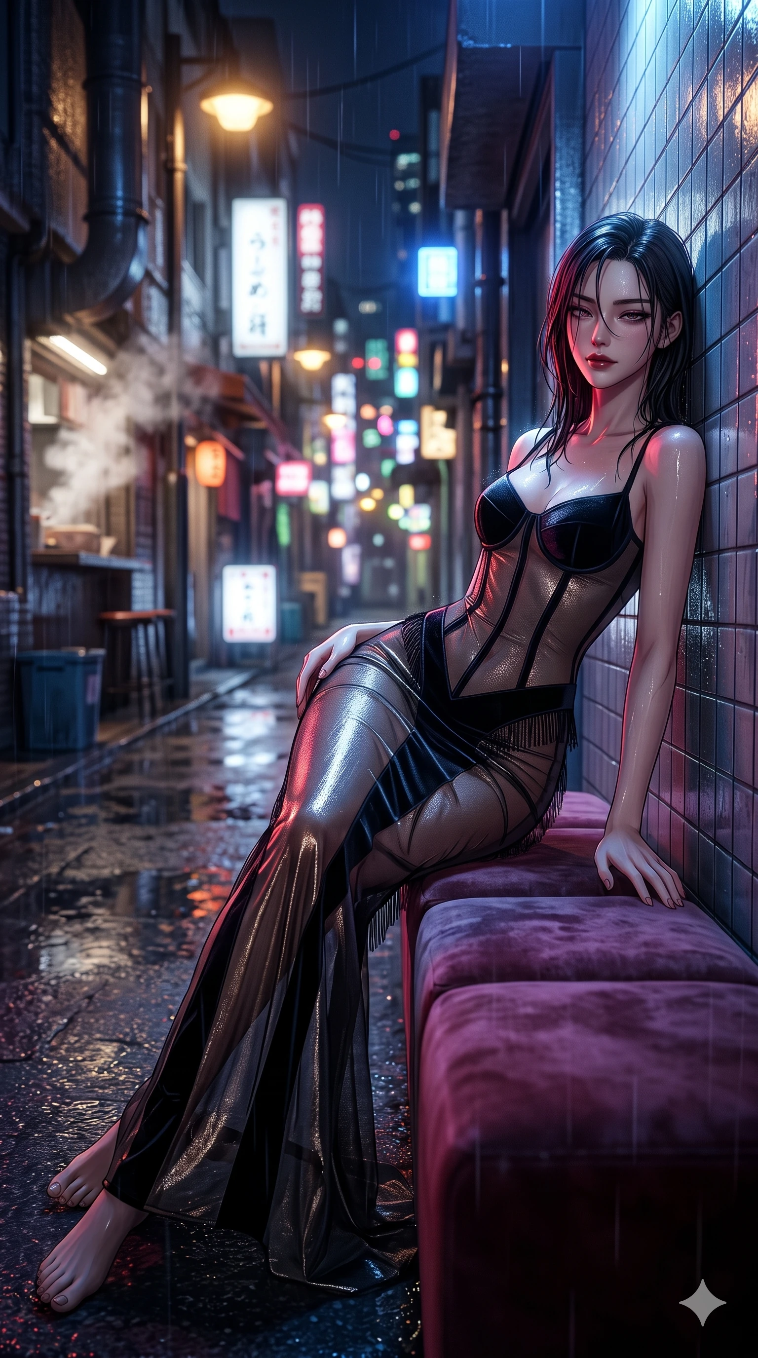 score_9, masterpiece, best quality, ultra-detailed, high-budget anime keyframe, semi-realistic 3D game render, editorial fashion photography, tasteful artistic composition, Korean woman. low angle full-body shot from head to toe showing her feet, filling the entire 9:16 vertical frame with her statuesque presence, stretching her vertical silhouette. reclining languidly across the velvet banquette with one knee bent and hips angled toward the camera, displaying her toned midriff and long slender limbs with effortless sensual charisma while leaning back against the rain-slicked tile wall with hips cocked back, looking through dark wet strands of hair with heavy-lidded bedroom-eyes. The background shows a soft-focus steaming noodle bar vents and wet Tokyo alley facades softened in rainy night shallow focus. She has an exceptionally tall and slender model-like 8.5-heads proportion, an ultra-slim waist, a flat toned midriff, narrow delicate ribcage, and beautifully sculpted feminine hips creating a graceful, slim hourglass silhouette without any bulky heaviness, with impossibly long slender legs. sharp v-shaped jawline, high-bridge nose, intricate jewel-like dark sparkling eyes with dangerous depth, thick curled eyelashes, glossy parted lips with a rich wine sheen, smoldering seductive half-smile with bedroom-eyes, exuding effortless superiority and intoxicating dark allure, flawlessly proportioned anatomical accuracy, strict slender model proportions, natural body alignment, perfectly sculpted long slender limbs, ultra-slim waistline, clean dynamic posture without body distortion. wearing a sheer-illusion mesh corset gown with strategic opaque velvet panels framing her waist and hips in cobalt blue floodlights and warm golden promenade streetlights, crafted from stretch micro-mesh with metallic foil coating that shimmers in the city night lights, finished with delicate jet-black micro-fringe fluttering softly along her hips with each step, the impeccably tailored cut draping gracefully along her slender figure with aristocratic noir poise. illuminated by wet pavement neon puddle bounce and sharp scarlet-magenta rim lights sculpting her razor-sharp jawline, narrow waist, and curvy hips. highly saturated vibrant anime colors, detailed shading with soft gradients, rich glossy textures, high-contrast stereoscopic depth, volumetric dynamic lighting, master piece, 9:16 ratio