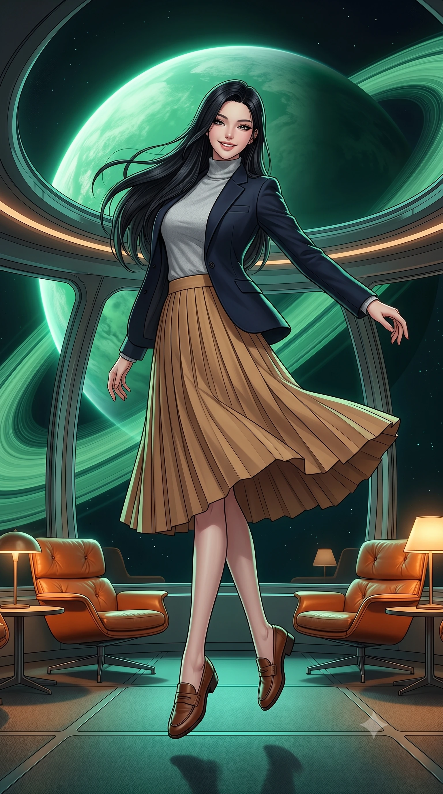 score_9, masterpiece, best quality, ultra-detailed, high-budget anime keyframe, editorial fashion photography, tasteful artistic composition, Korean woman. low angle full-body shot from head to toe showing her feet, filling the entire 9:16 vertical frame with her statuesque presence, stretching her vertical silhouette. pirouetting mid-air with a playful grin inside in a futuristic spaceship observation lounge with classic orange leather lounge chairs, looking through panoramic windows at a giant green ringed planet. She has a statuesque 8.5-heads proportion, an exceptionally tall, slender and willowy model-like build with impossibly long legs and a highly sculpted ultra-slim waist. sharp v-shaped jawline, high-bridge nose, intricate jewel-like eyes with depth, thick eyelashes, glossy lips with a natural sheen. wearing a sleek slim-fit navy blazer layered over a light grey turtleneck and a tailored pleated camel midi skirt. cool emerald light reflecting from the ringed planet outside, mixed with warm ambient reading lamps inside the solarium. 2k, ultra detail, master piece, 9:16 ratio