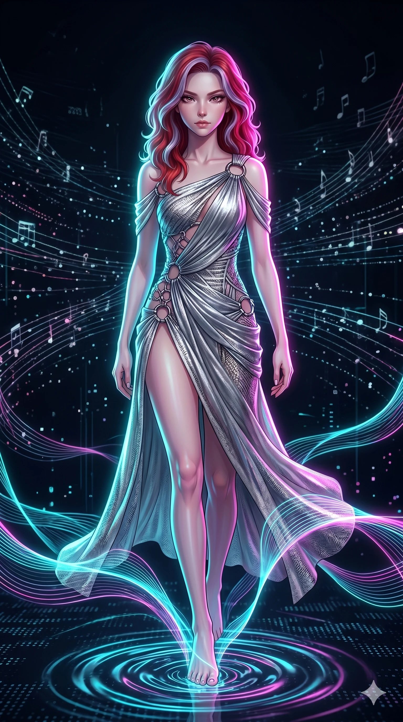 score_9, masterpiece, best quality, ultra-detailed, high-budget anime keyframe, Japanese woman. upper body close-up from the thighs up, character filling the screen for maximum presence. stepping on holographic fluid ribbons of sound that ripple with cyan and magenta light in a dark virtual void. She has an absolutely perfect 8-heads proportion, an exceptionally tall and slender female figure with impossibly long slender legs and an ultra-slim waist. V-shaped jawline, high-bridge nose, intricate jewel-like eyes with depth, thick eyelashes, glossy lips with a natural sheen.. wearing a draped Grecian cyber-gown, featuring draped silver metallic chiffon held by metal ring hardware, displaying a high-leg line. bathed in brilliant cinematic volumetric lighting and intense neon rim light highlighting her slender form. 2k, ultra detail, master piece, 9:16 ratio