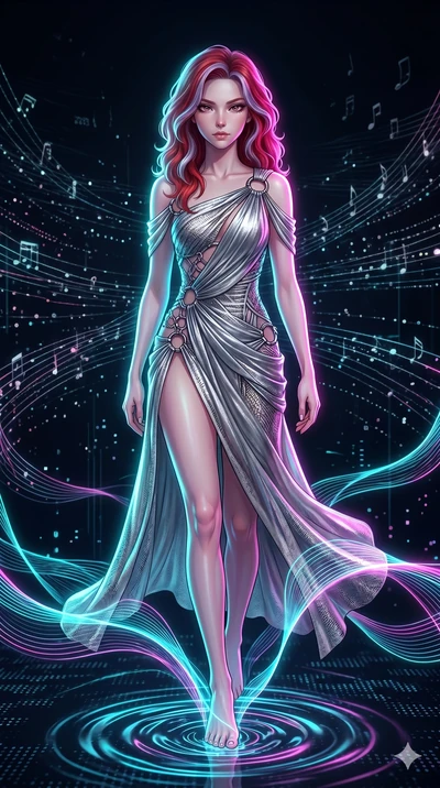 score_9, masterpiece, best quality, ultra-detailed, high-budget anime keyframe, Japanese woman. upper body close-up from the thighs up, character filling the screen for maximum presence. stepping on holographic fluid ribbons of sound that ripple with